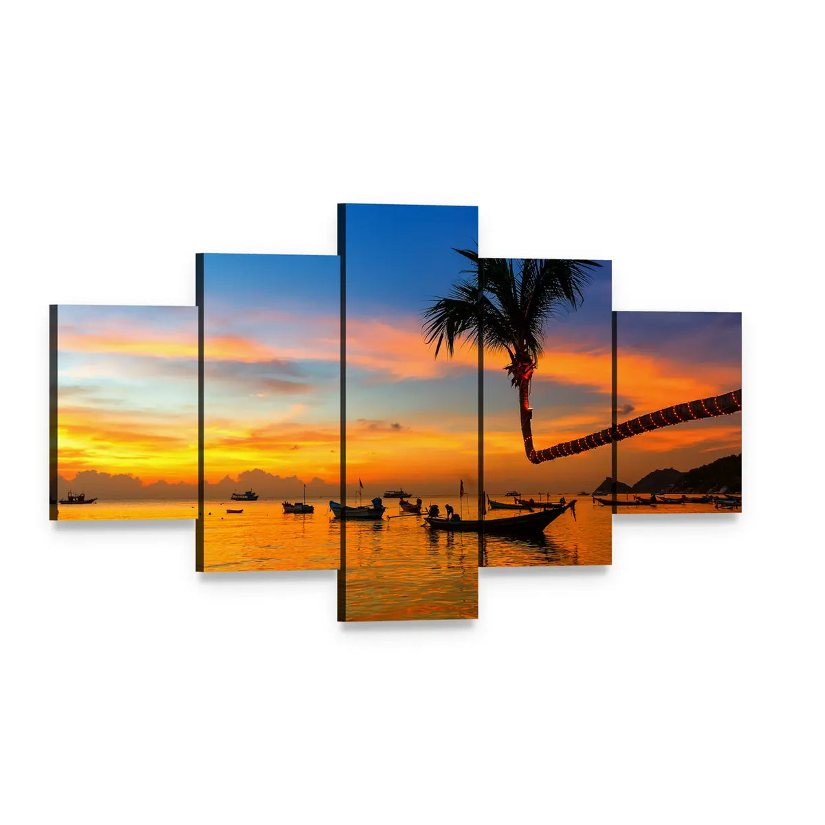 Sunset Beach with Leaning Palm and Boats Canvas Wall Art, 5 panel 5 Star layout gallery wrapped canvas set, angled product view