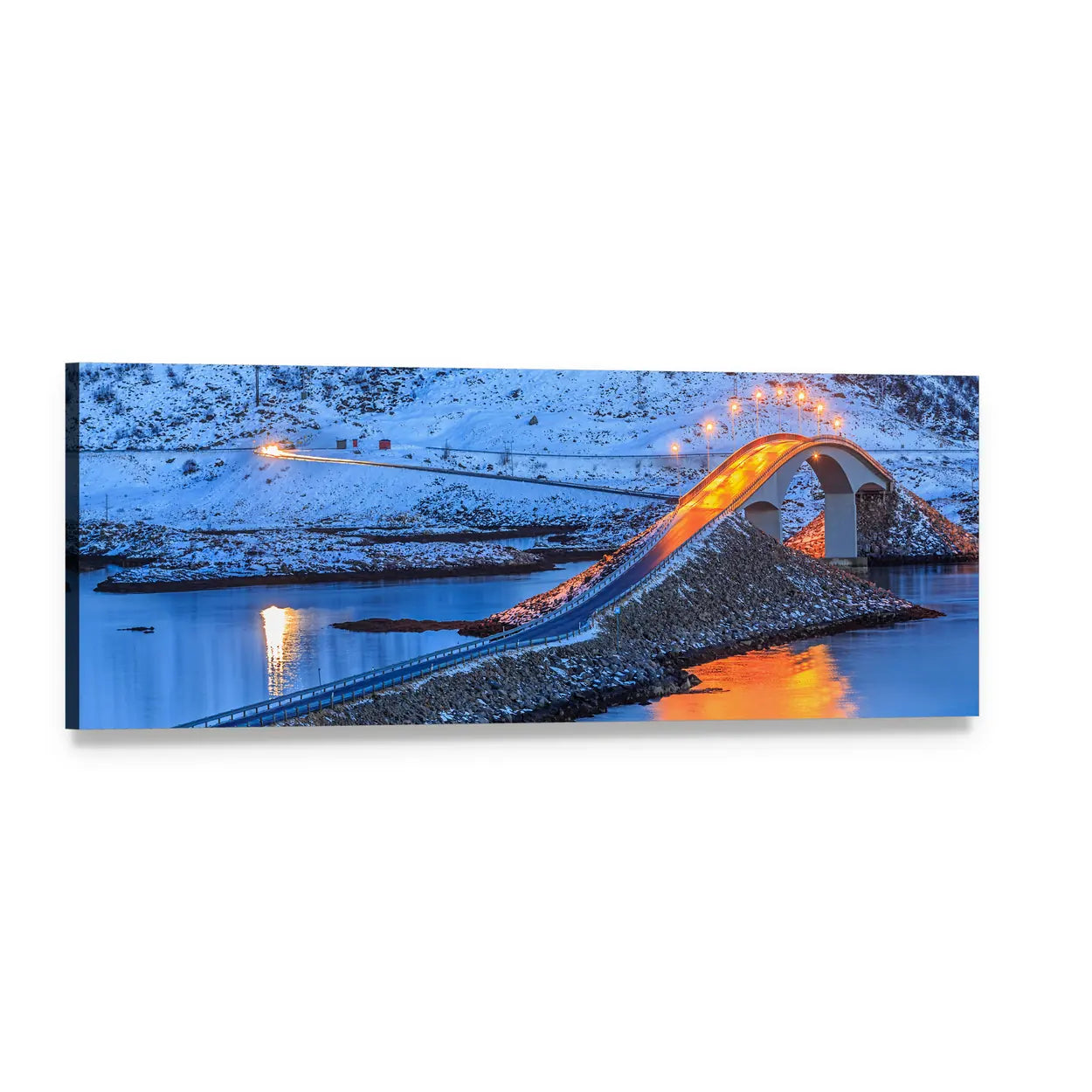 Arched Coastal Bridge with Light Trails Panoramic Canvas Wall Art, single panel gallery wrapped canvas, angled product view