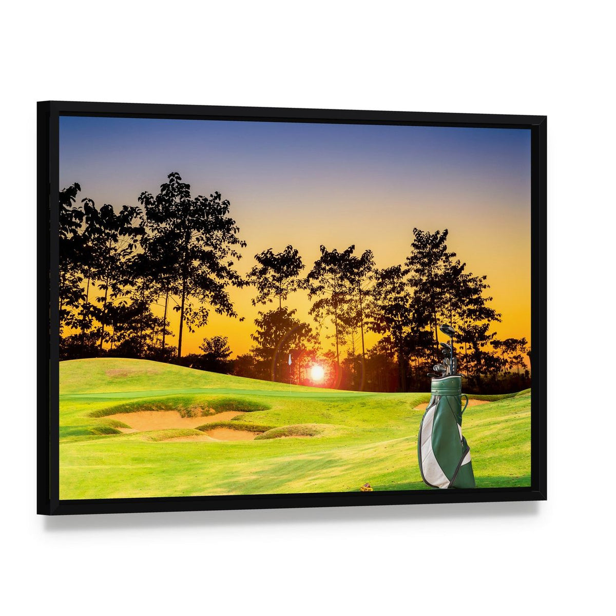 Golf Course Sunset Canvas Wall Art, framed canvas in a black floater frame, angled product view