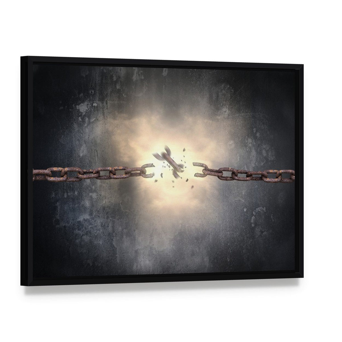Breaking Rusted Chains Canvas Wall Art, framed canvas in a black floater frame, angled product view