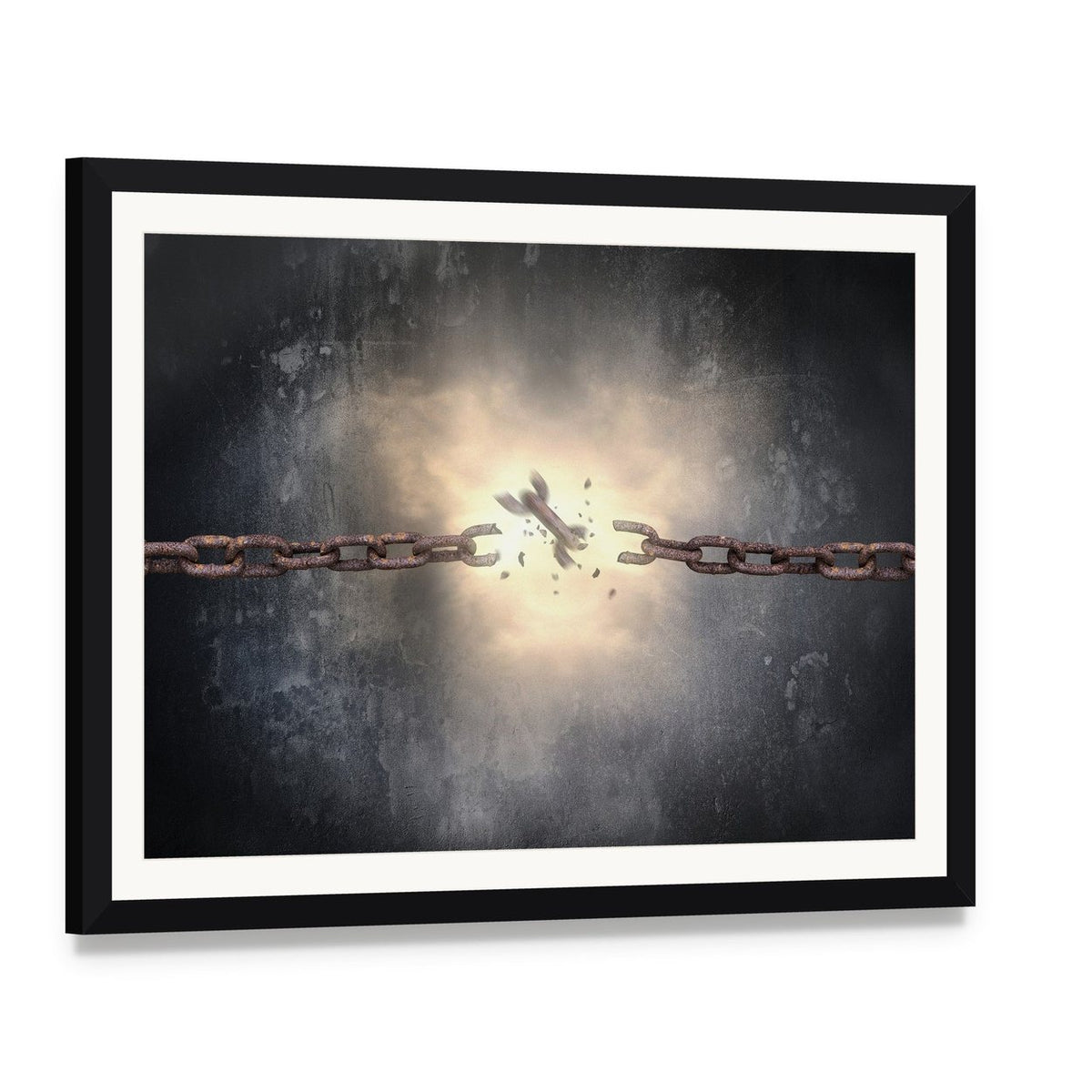 Breaking Rusted Chains Canvas Wall Art, framed print with white mat and black frame, angled product view