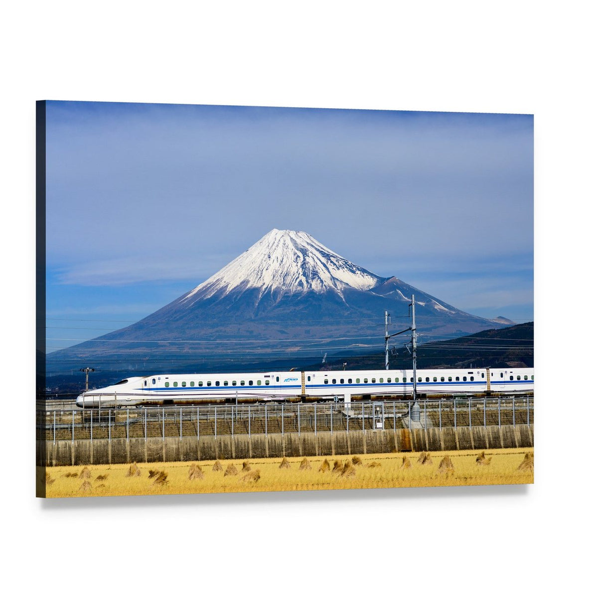 Shinkansen Bullet Train and Mount Fuji Canvas Wall Art, single panel gallery wrapped canvas, angled product view