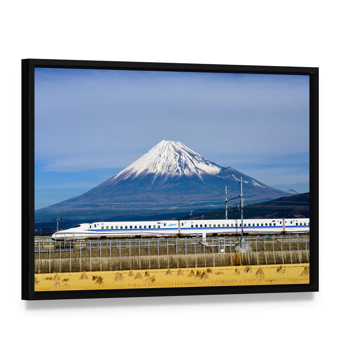 Shinkansen and Mount Fuji Canvas Wall Art, framed canvas in a black floater frame, angled product view