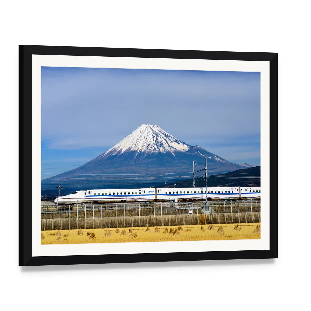 Shinkansen and Mount Fuji Canvas Wall Art, framed print with white mat and black frame, angled product view