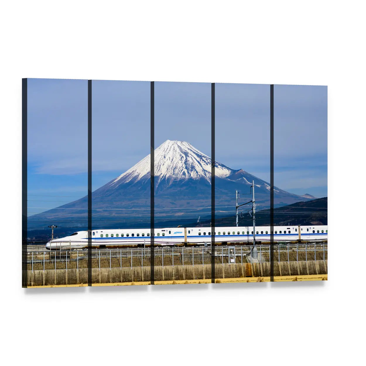 Shinkansen and Mount Fuji Canvas Wall Art, 5 panel 5 Horizontal layout gallery wrapped canvas set, angled product view