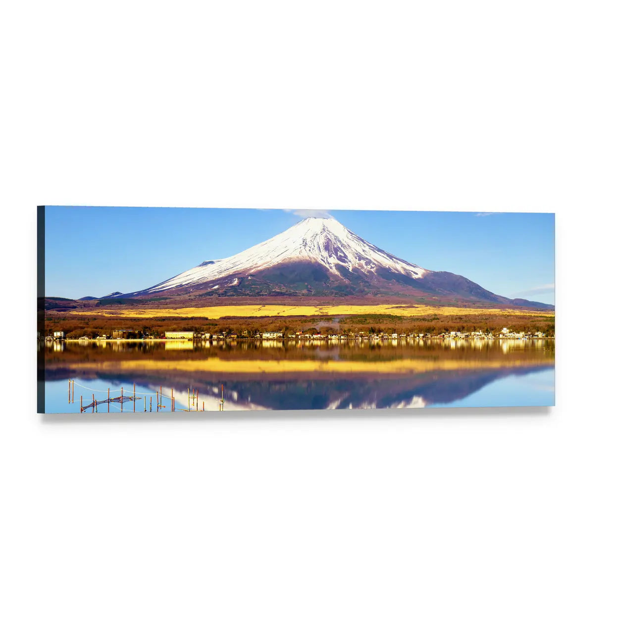 Mount Fuji Over Lake Yamanaka Panoramic Canvas Wall Art, single panel gallery wrapped canvas, angled product view
