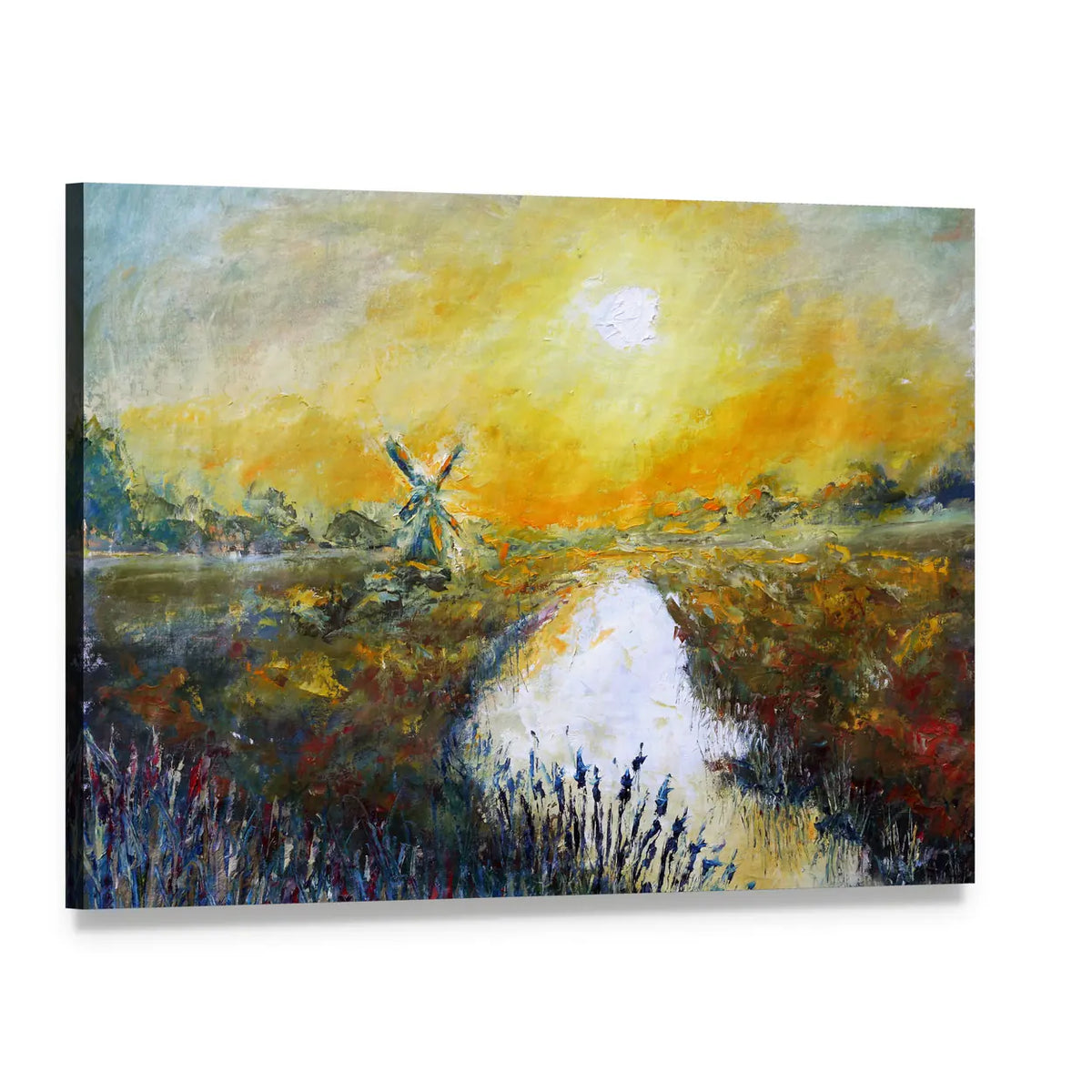 Abstract Windmill Over River at Sunset Canvas Wall Art, single panel gallery wrapped canvas, angled product view