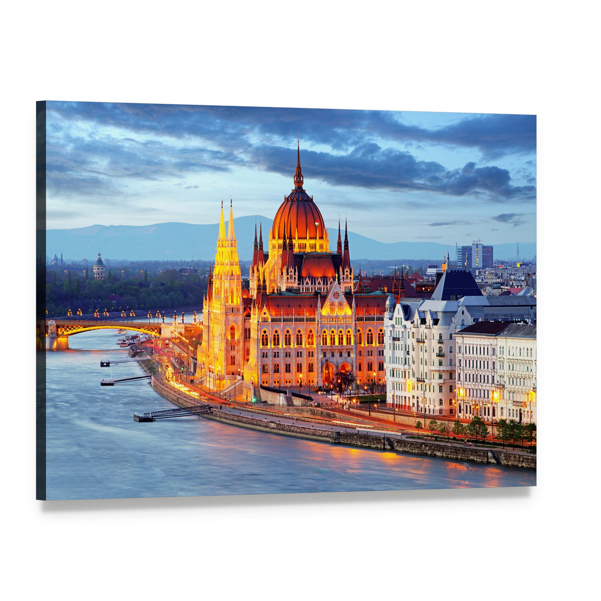 Hungarian Parliament Building at Night Canvas Wall Art, single panel gallery wrapped canvas, angled product view
