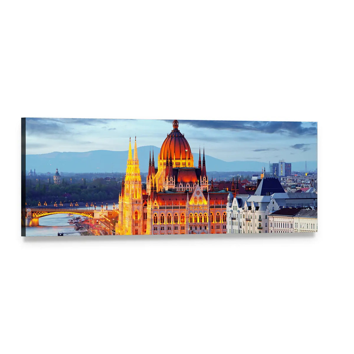 Hungarian Parliament at Twilight Panoramic Canvas Wall Art, single panel gallery wrapped canvas, angled product view