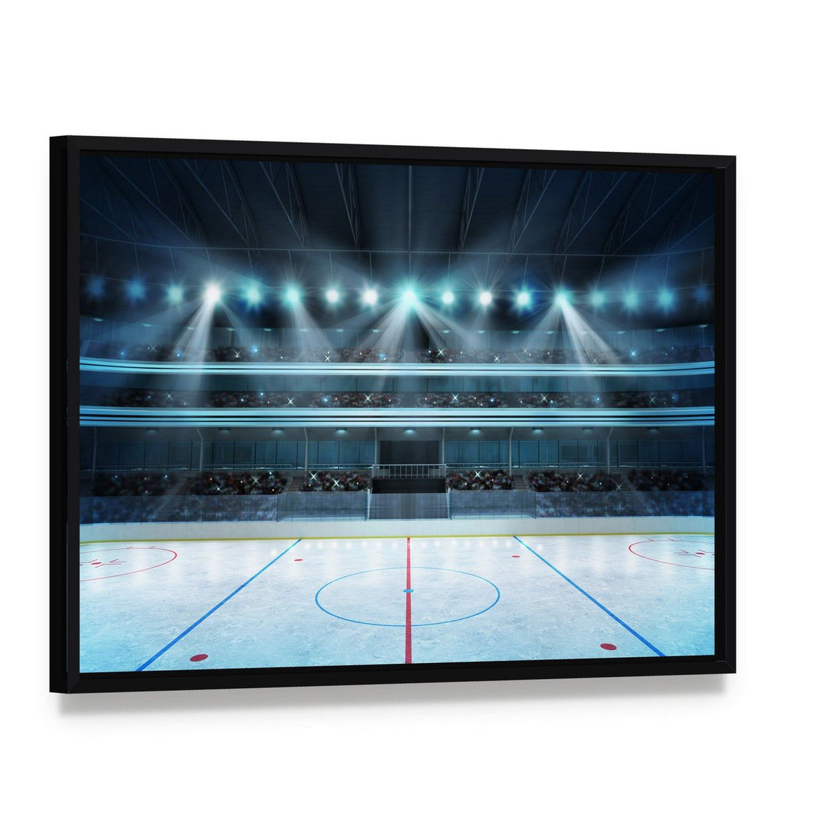 Empty Ice Hockey Arena with Stadium Lights Canvas Wall Art, framed canvas in a black floater frame, angled product view