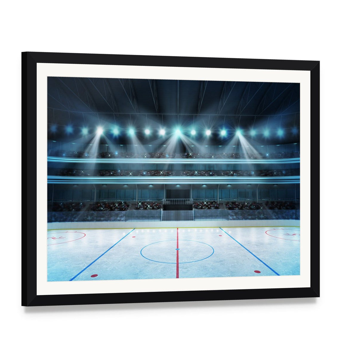 Empty Ice Hockey Arena with Stadium Lights Canvas Wall Art, framed print with white mat and black frame, angled product view