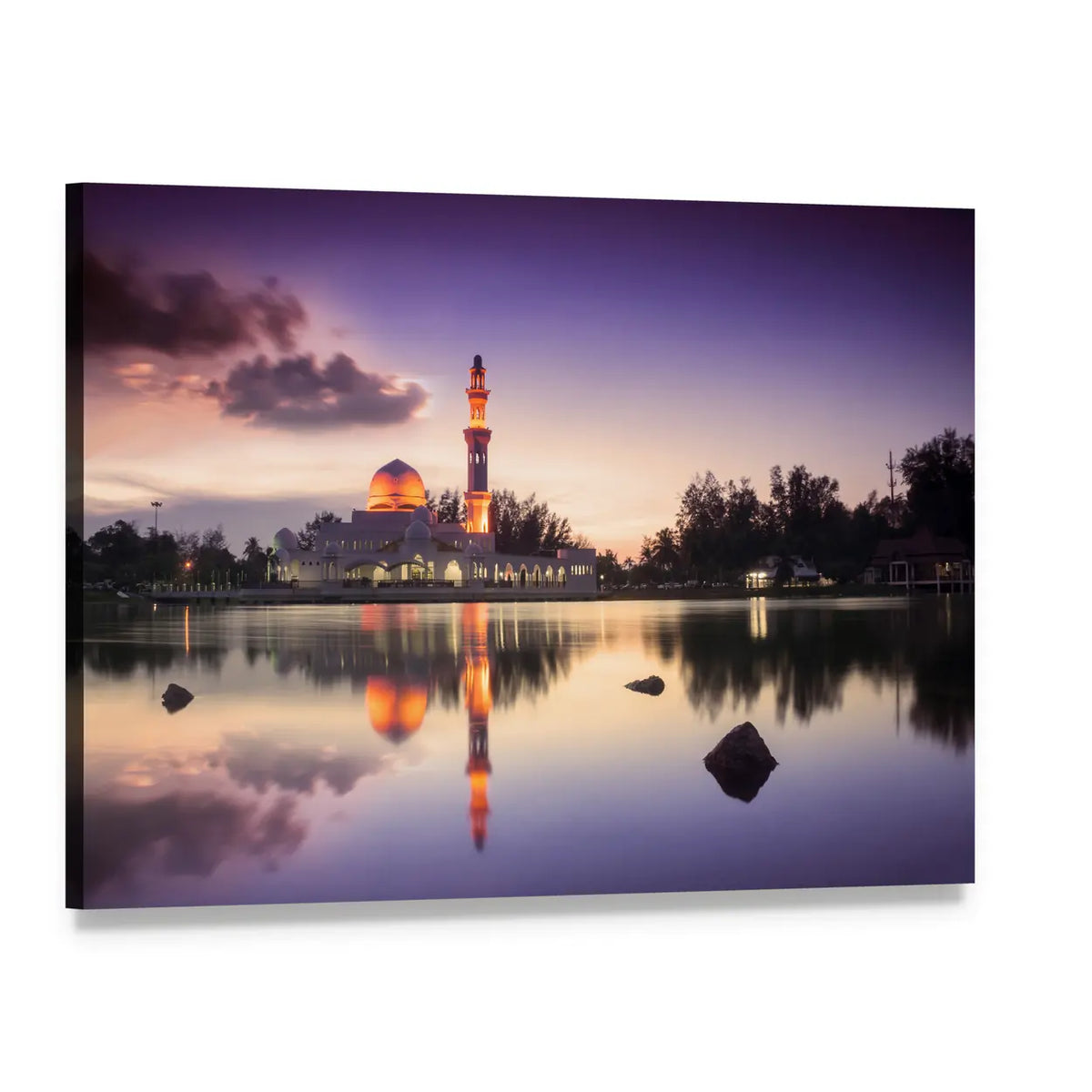 Tengku Zaharah Mosque Sunset Reflection Canvas Wall Art, single panel gallery wrapped canvas, angled product view