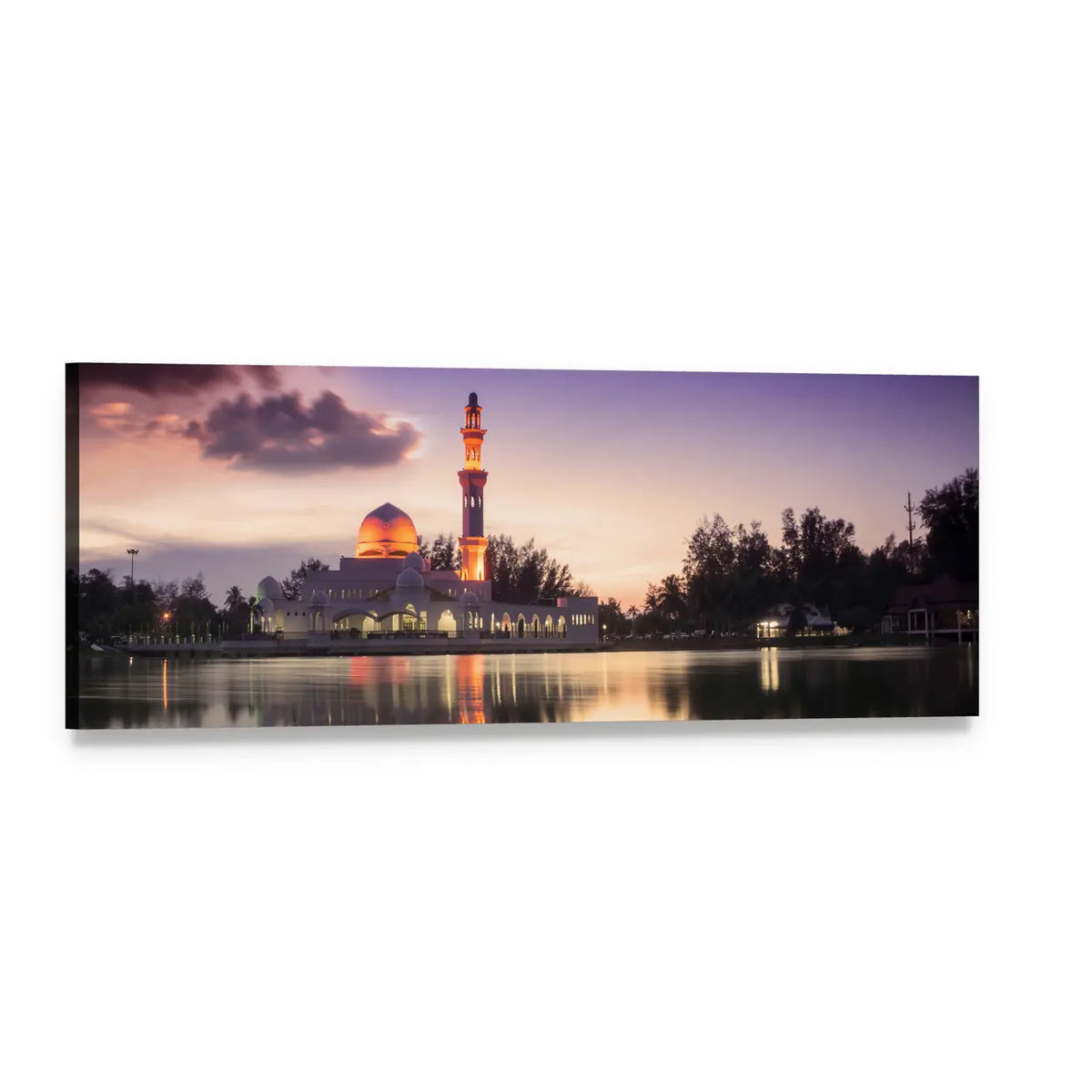 Tengku Zaharah Mosque Reflection at Dusk Panoramic Canvas Wall Art, single panel gallery wrapped canvas, angled product view
