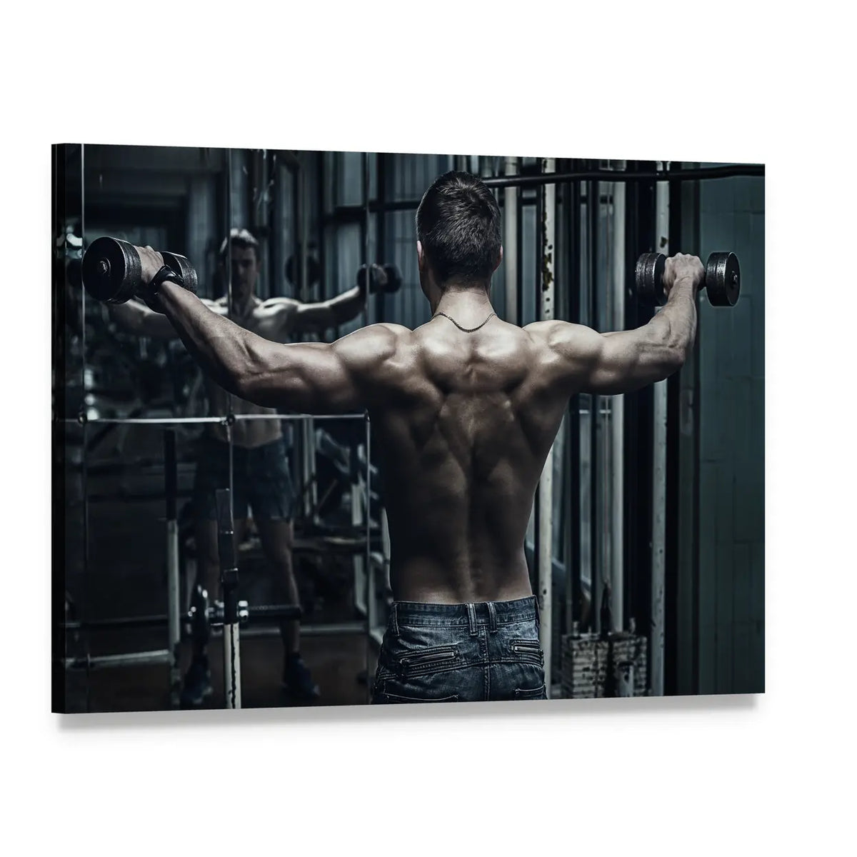 Athlete in Old Rusty Gym with Dumbbells Canvas Wall Art, single panel gallery wrapped canvas, angled product view