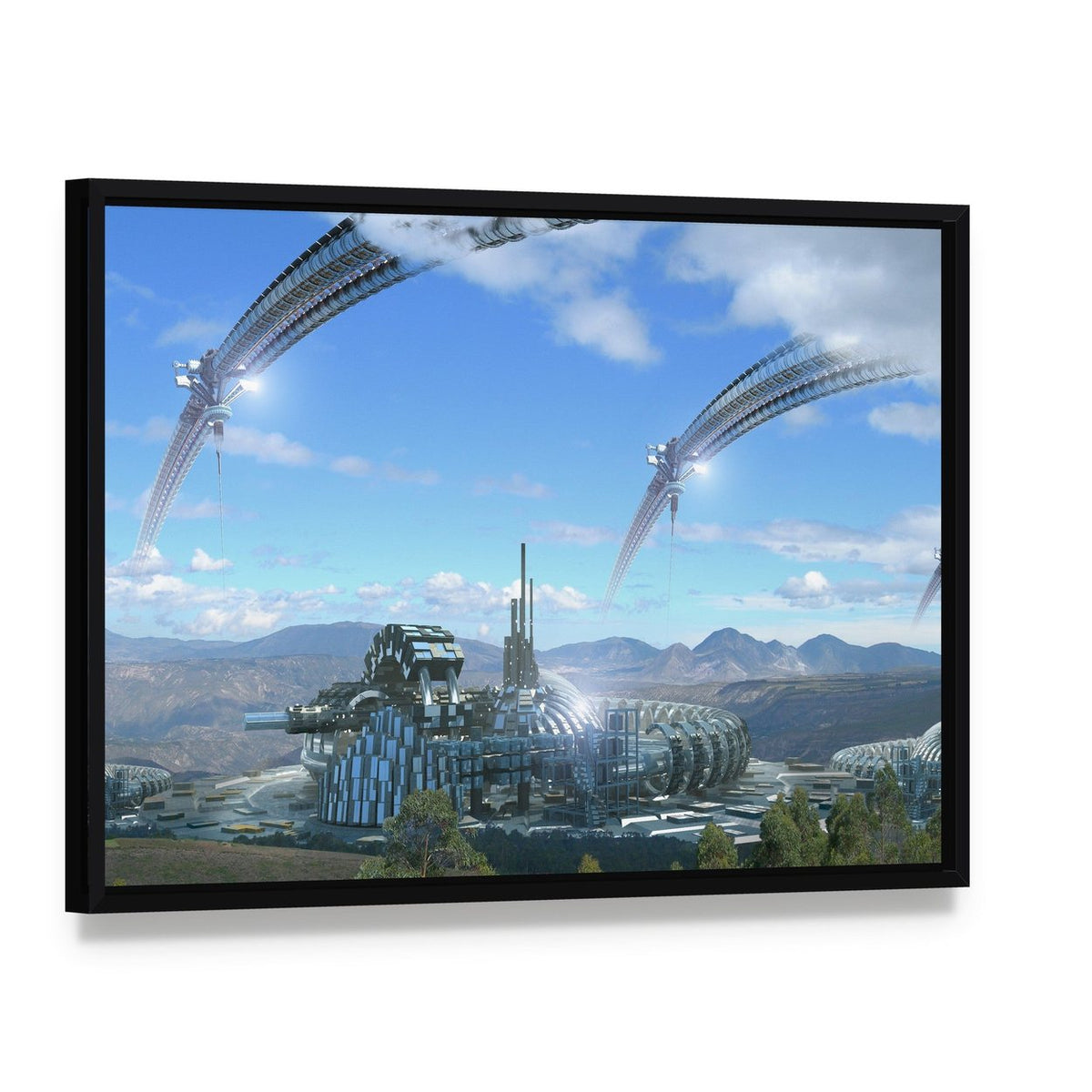 Space Elevators and Wheels Canvas Wall Art, framed canvas in a black floater frame, angled product view
