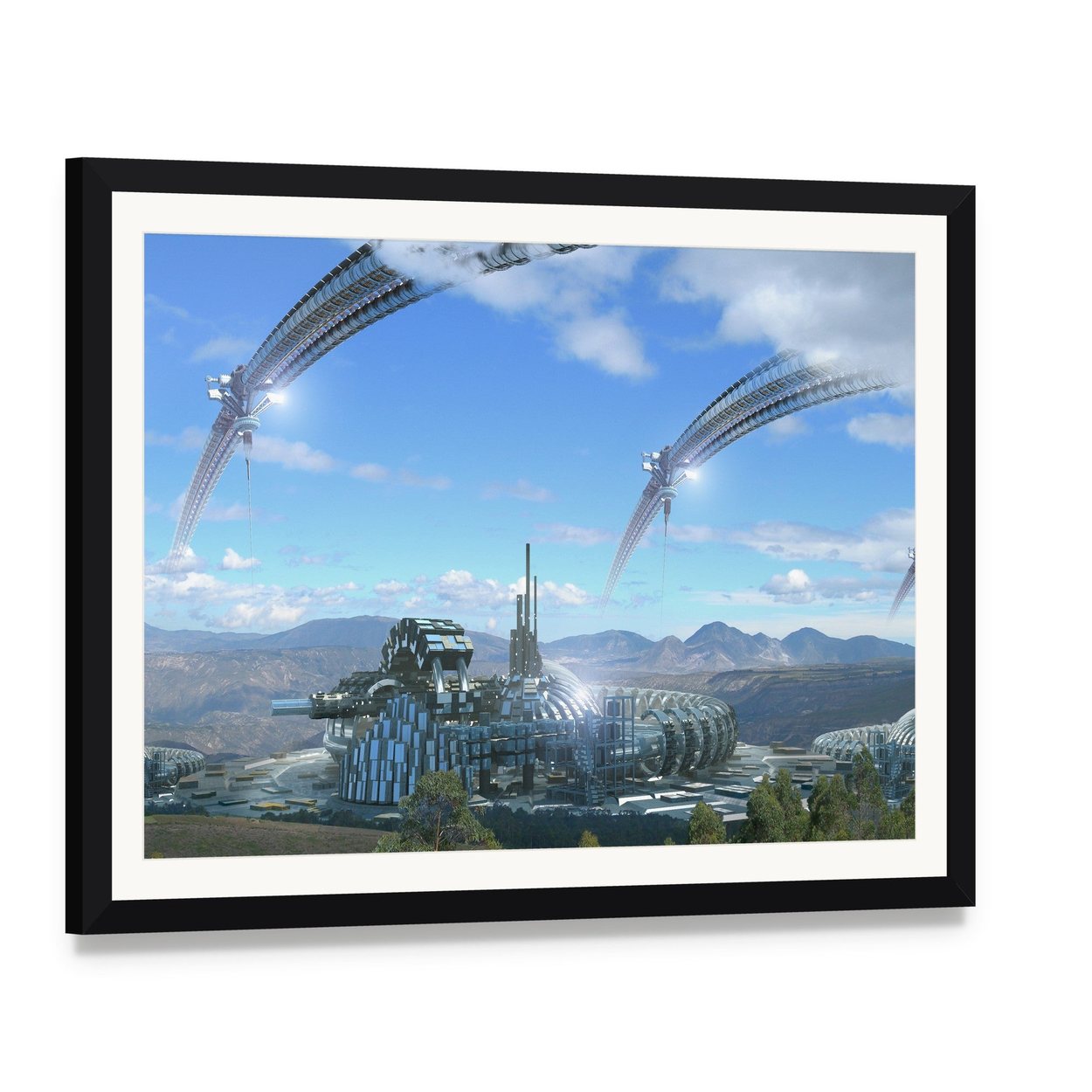 Space Elevators and Wheels Canvas Wall Art, framed print with white mat and black frame, angled product view