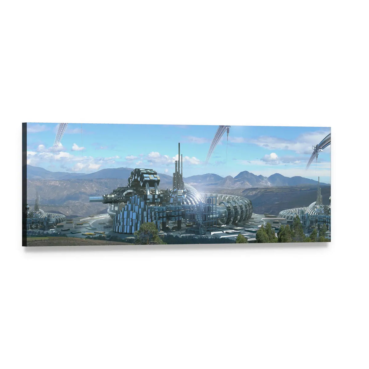 Space Elevators and Wheels Panoramic Canvas Wall Art, single panel gallery wrapped canvas, angled product view