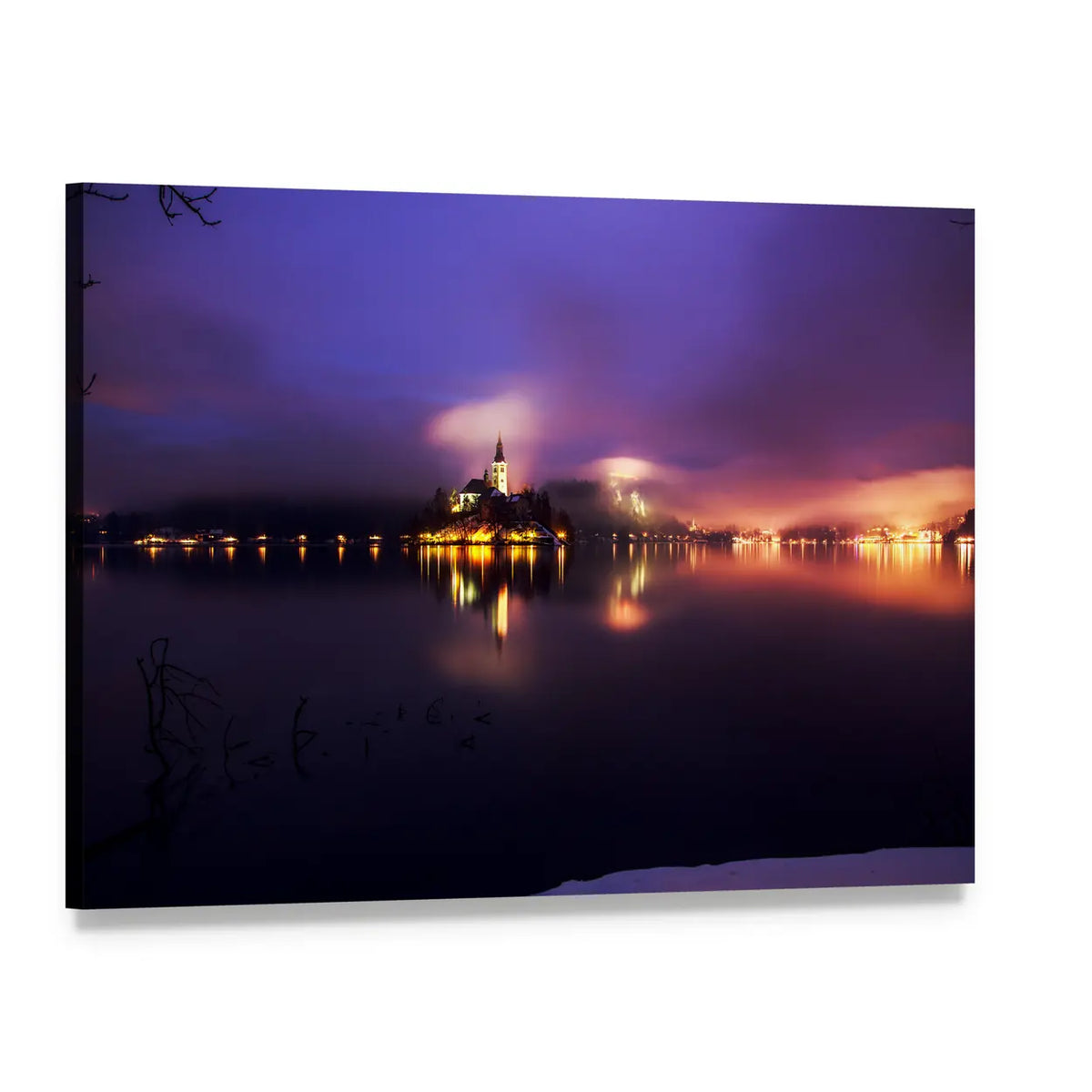 Foggy Dusk Over Bled Lake Canvas Wall Art, single panel gallery wrapped canvas, angled product view