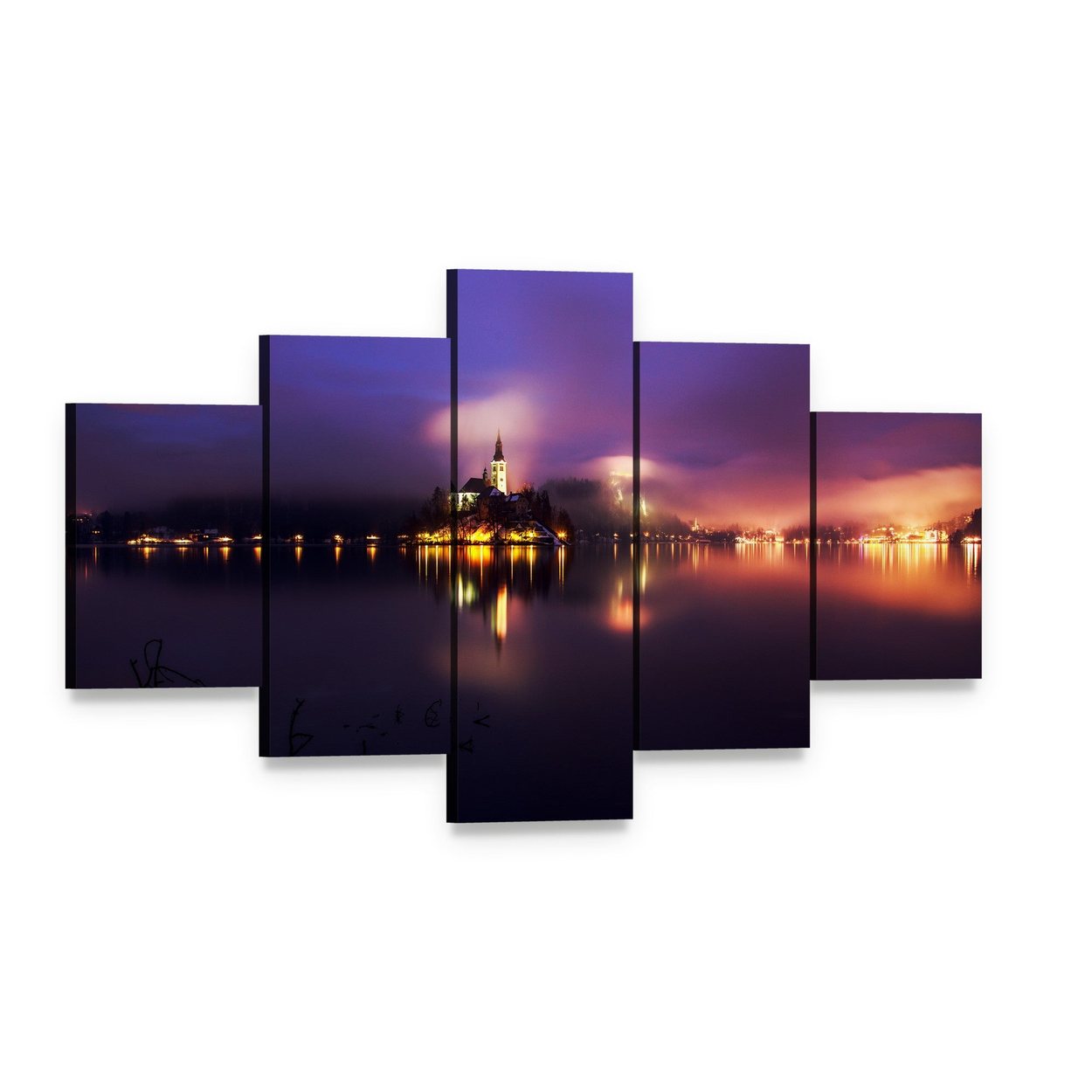 Foggy Dusk Over Island Church on Lake Canvas Wall Art, 5 panel 5 Star layout gallery wrapped canvas set, angled product view