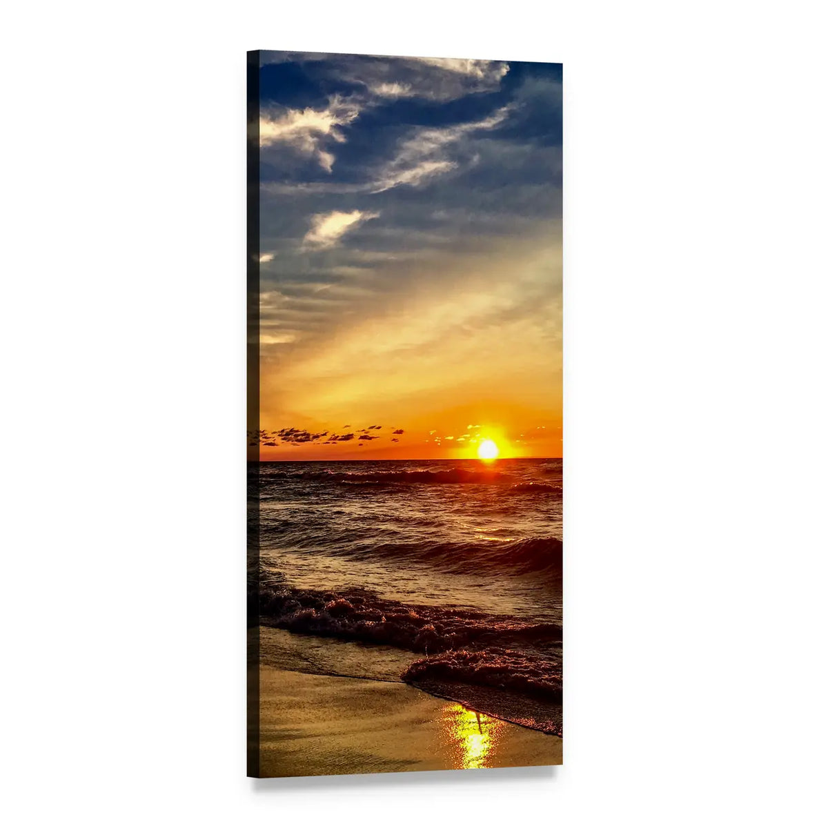 Beach Sunset Reflections Vertical Canvas Wall Art, 1 panel 1 Vertical layout gallery wrapped canvas set, angled product view
