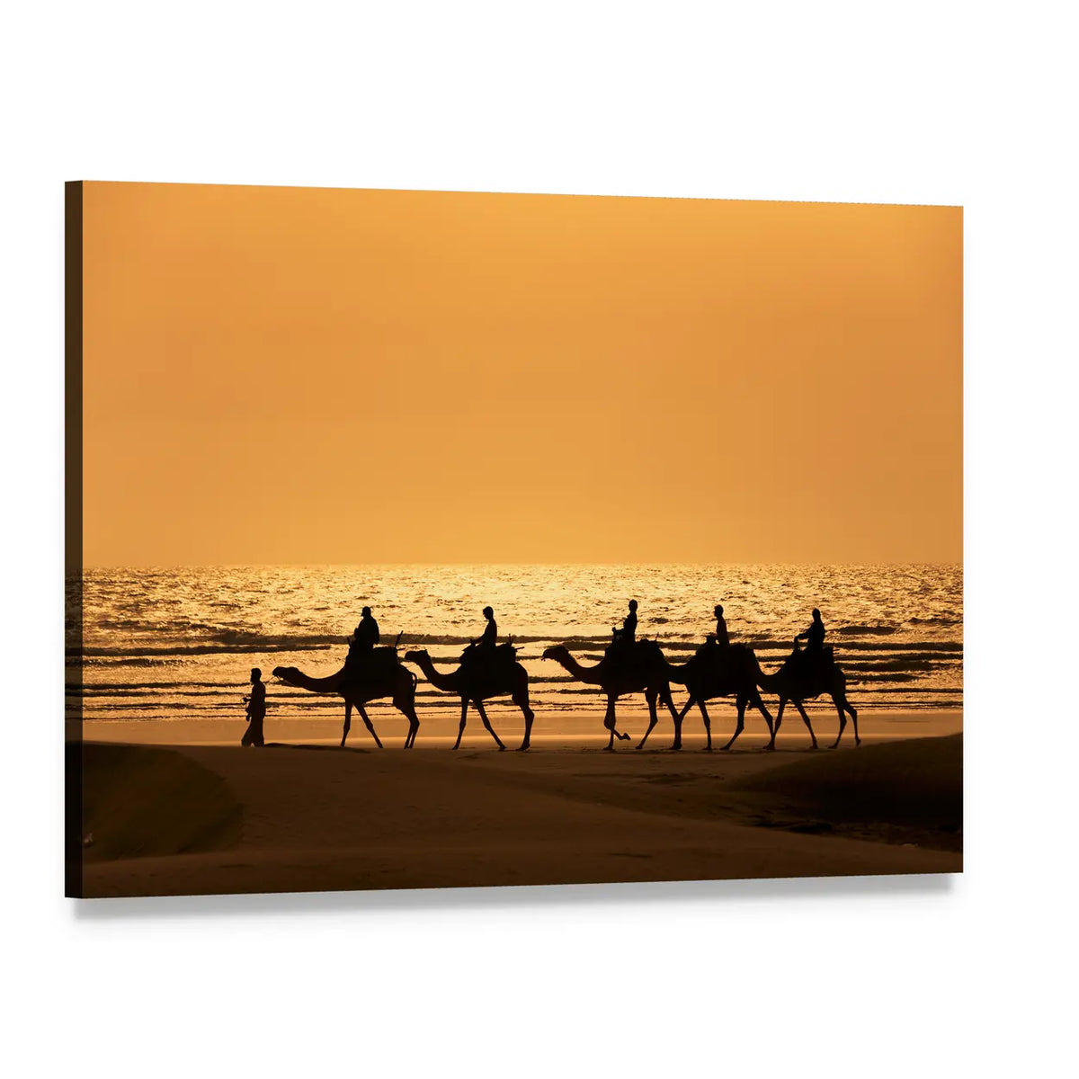 Sunset Camel Caravan Silhouette Canvas Wall Art, single panel gallery wrapped canvas, angled product view
