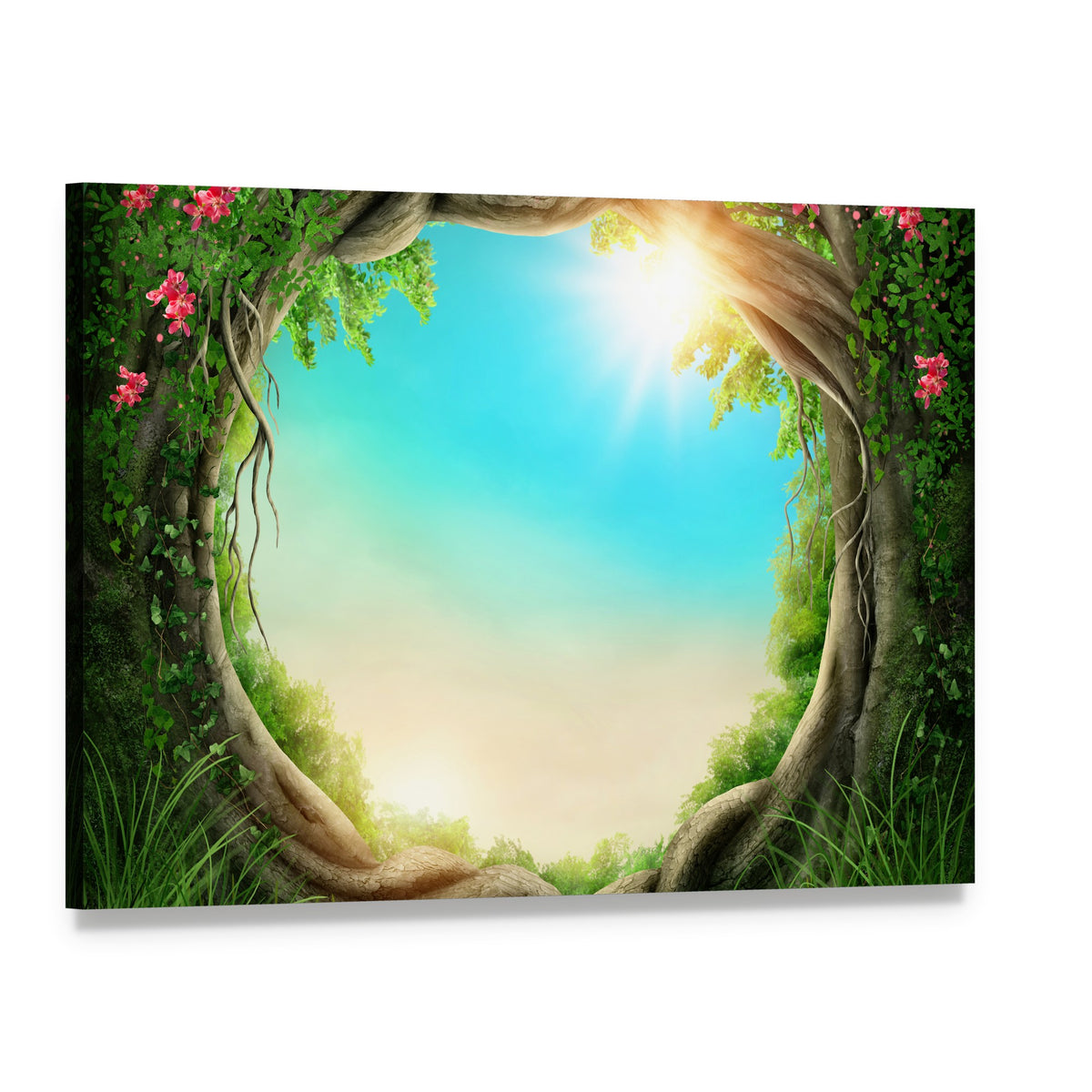 Enchanted Spring Forest with Sunbeams Canvas Wall Art, single panel gallery wrapped canvas, angled product view