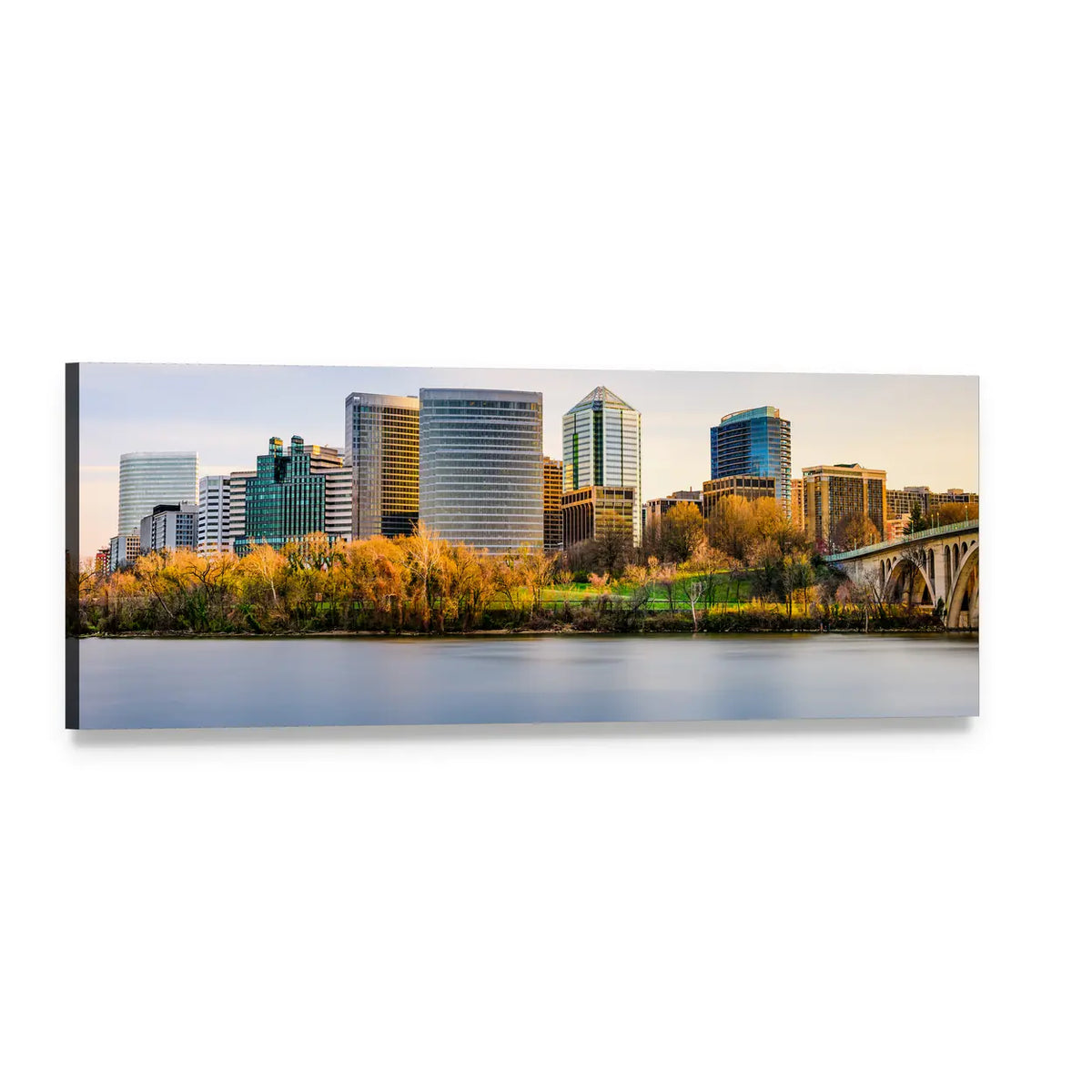 Usa City Skyline with Stone Arch Bridge Panoramic Canvas Wall Art, single panel gallery wrapped canvas, angled product view