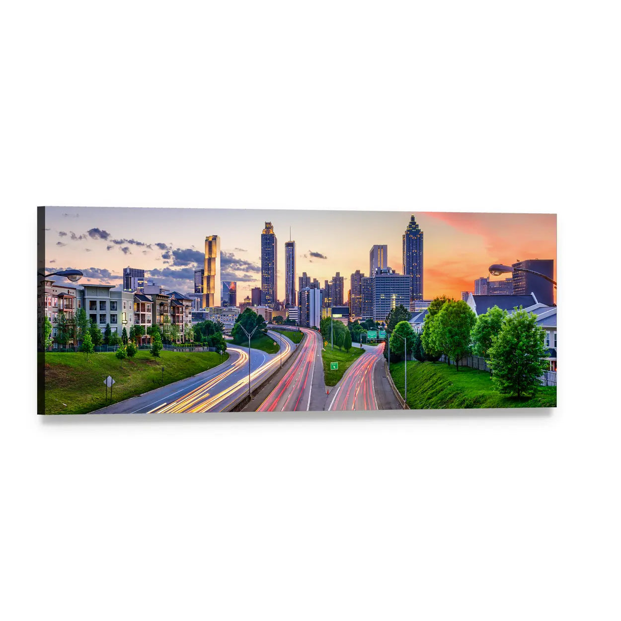 Atlanta Skyline with Light Trails Panoramic Canvas Wall Art, single panel gallery wrapped canvas, angled product view