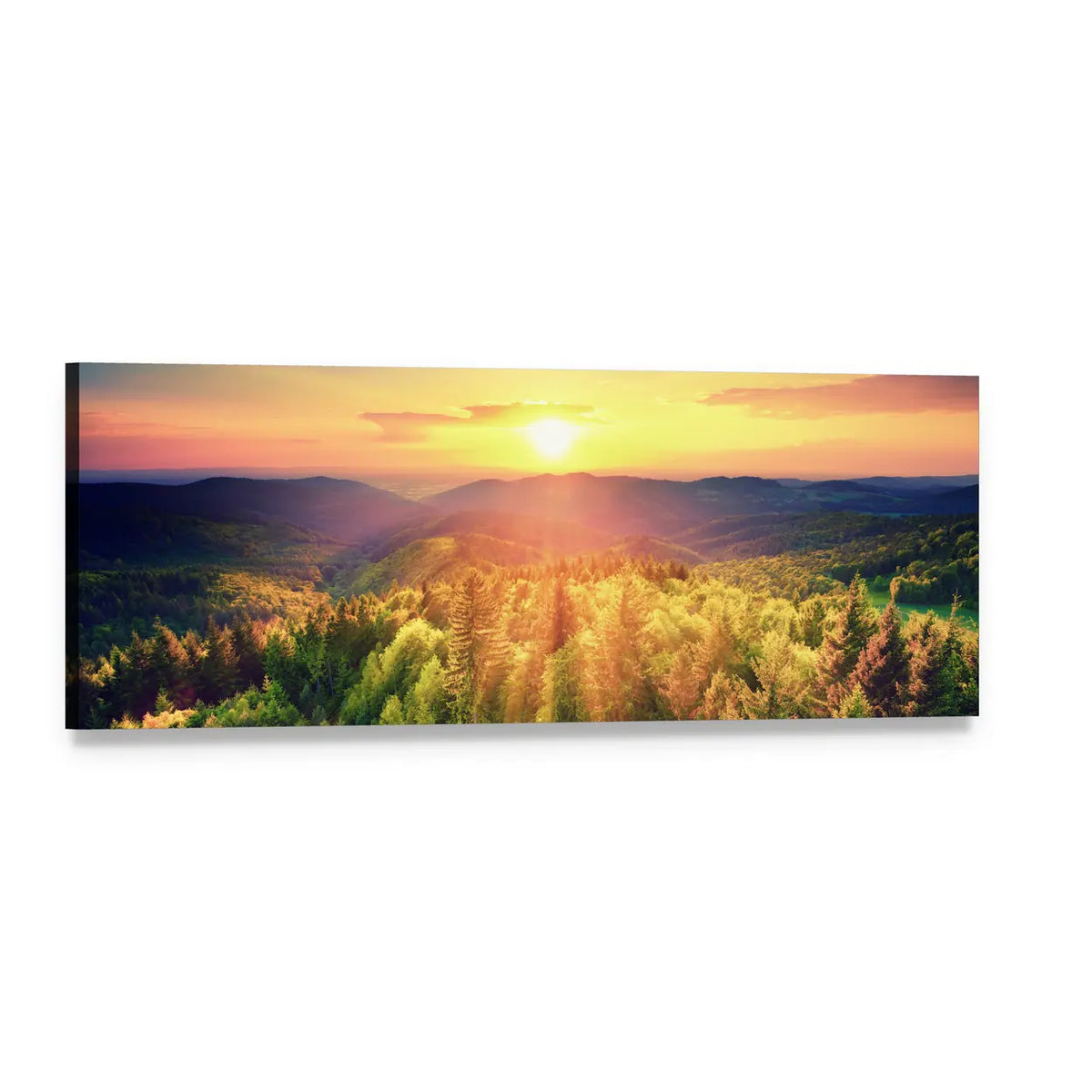 Golden Sunrise Over Forest Hills Panoramic Canvas Wall Art, single panel gallery wrapped canvas, angled product view