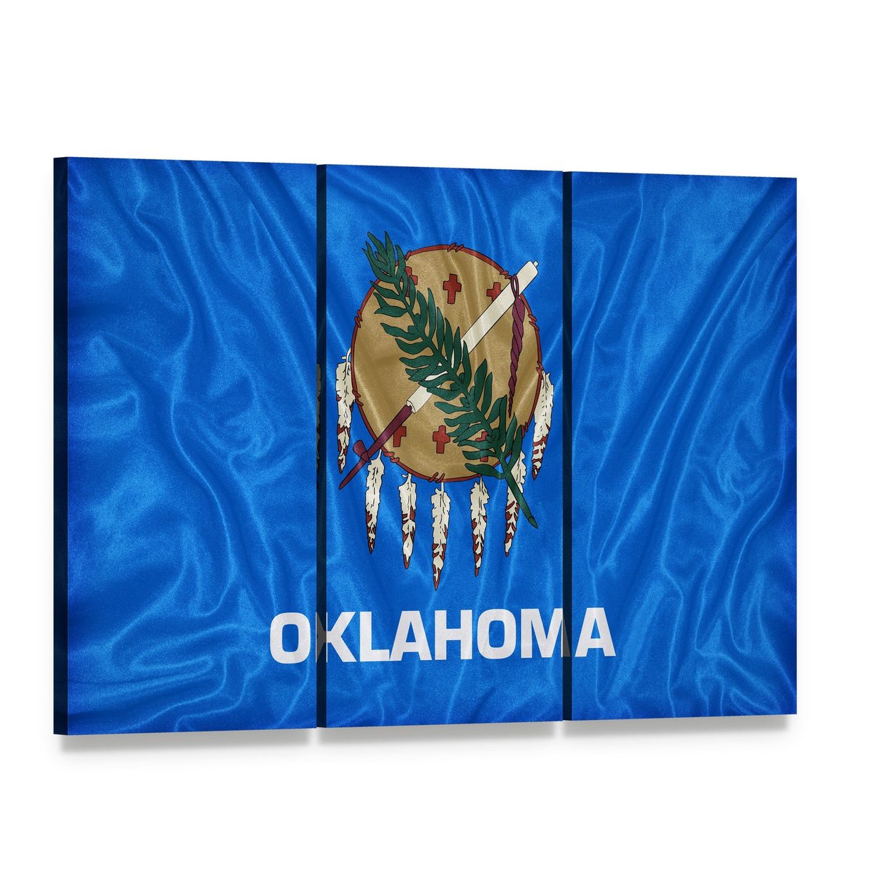 Oklahoma State Flag Canvas Wall Art, 3 panel 3 Horizontal layout gallery wrapped canvas set, angled product view