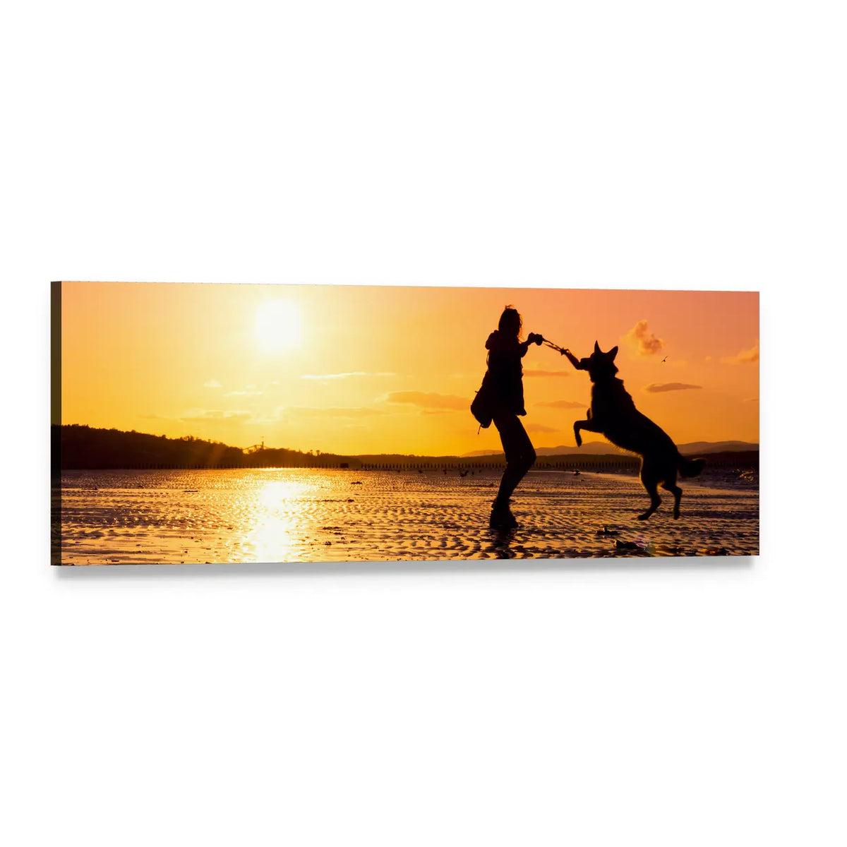 Girl Playing with Dog at Sunset Beach Panoramic Canvas Wall Art, single panel gallery wrapped canvas, angled product view