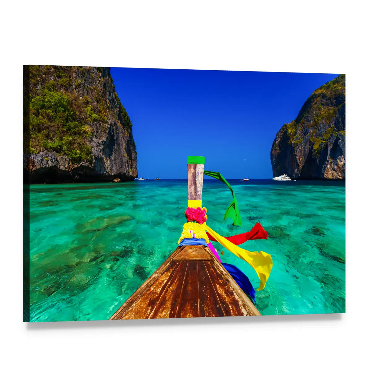 Traditional Longtail Boat In Maya Bay Canvas Wall Art, single panel gallery wrapped canvas, angled product view