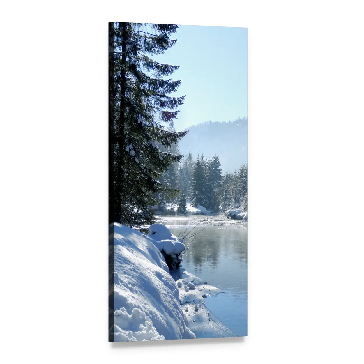 Snow-covered Riverbank with Pine Trees Vertical Canvas Wall Art, 1 panel 1 Vertical layout gallery wrapped canvas set, angled product view