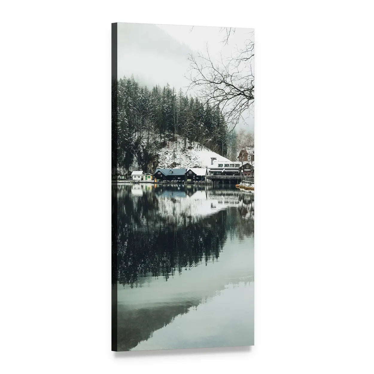 Winter Lakeside Village Reflection Vertical Canvas Wall Art, 1 panel 1 Vertical layout gallery wrapped canvas set, angled product view