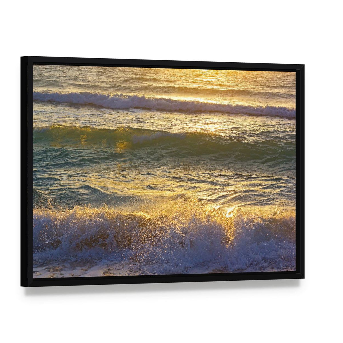 Ocean Waves at Miami Beach Canvas Wall Art, framed canvas in a black floater frame, angled product view