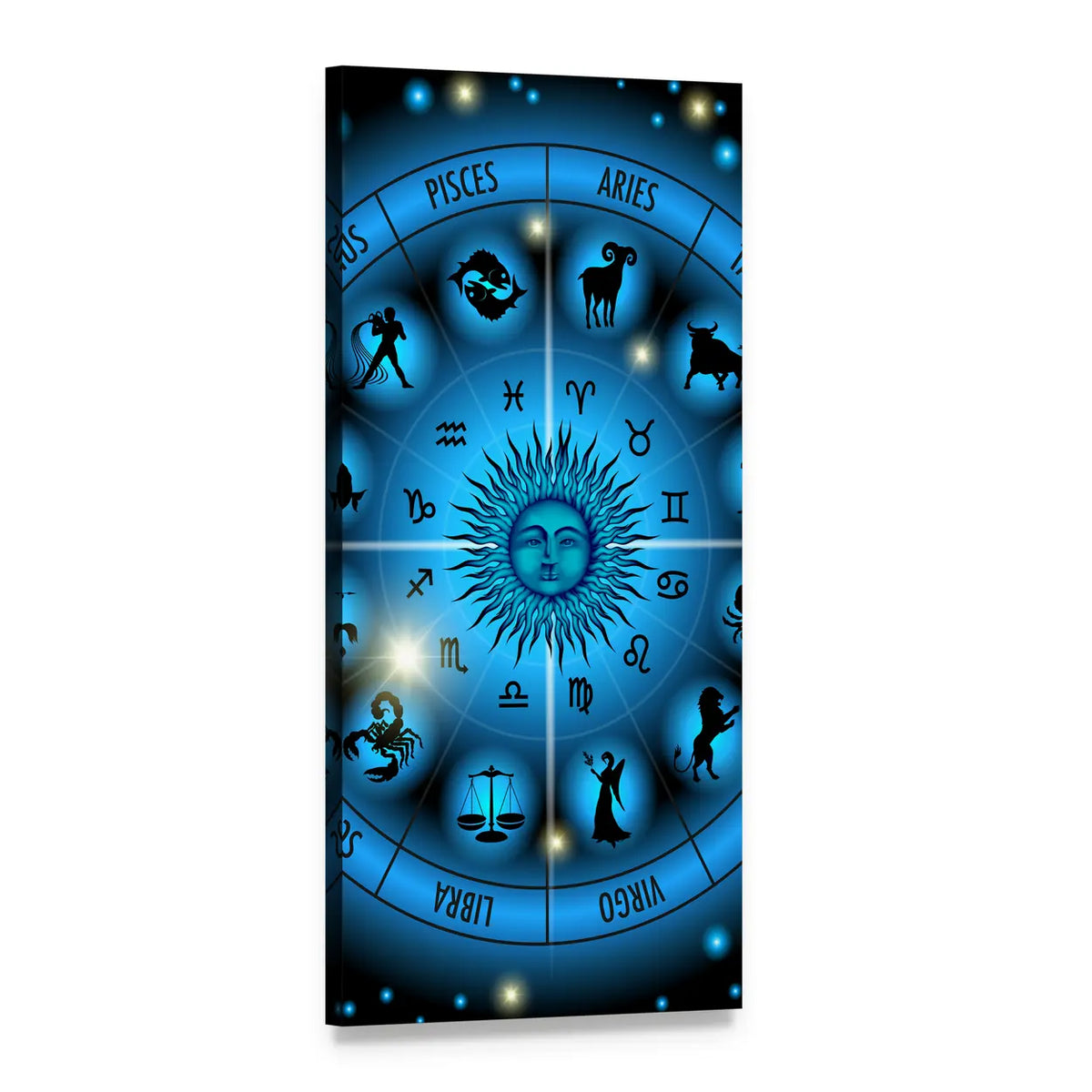 Zodiac Wheel with Sun Face Vertical Canvas Wall Art, 1 panel 1 Vertical layout gallery wrapped canvas set, angled product view