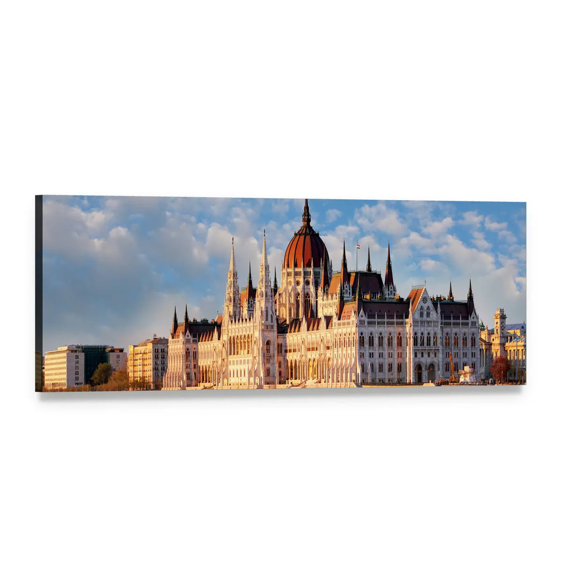 Hungarian Parliament Building at Golden Hour Panoramic Canvas Wall Art, single panel gallery wrapped canvas, angled product view