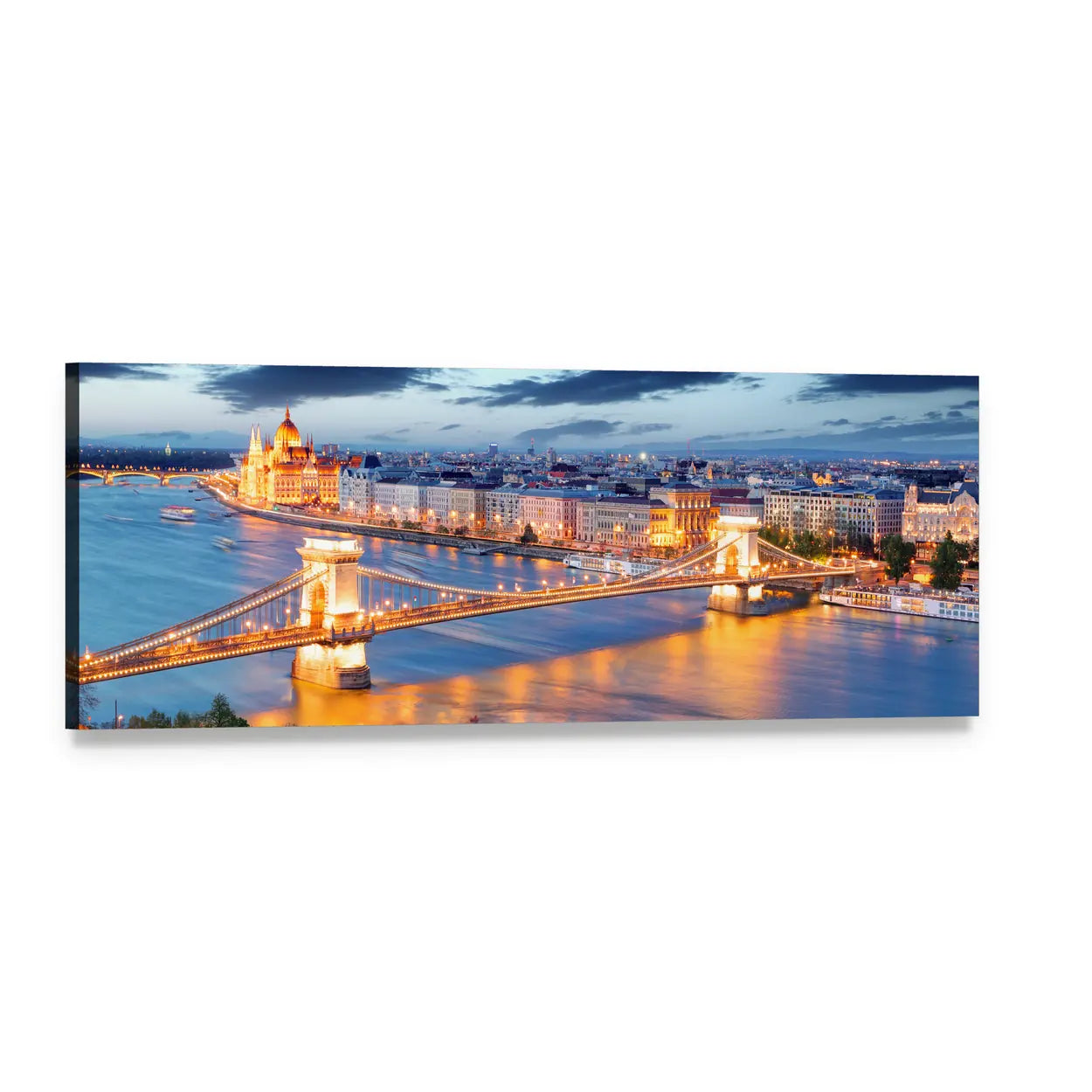 Budapest Night Skyline with Chain Bridge and Parliament Panoramic Canvas Wall Art, single panel gallery wrapped canvas, angled product view