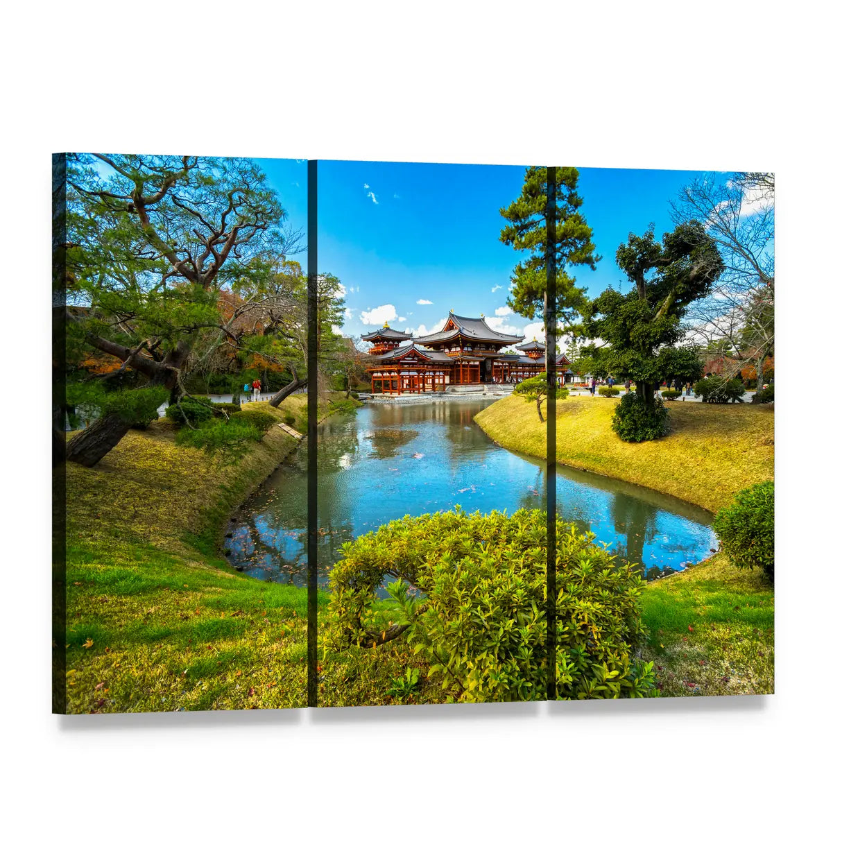 Japanese Temple Garden with Pond Canvas Wall Art, 3 panel 3 Horizontal layout gallery wrapped canvas set, angled product view