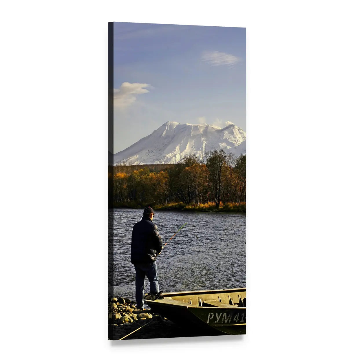 Man Fishing on Russian River Vertical Canvas Wall Art, 1 panel 1 Vertical layout gallery wrapped canvas set, angled product view