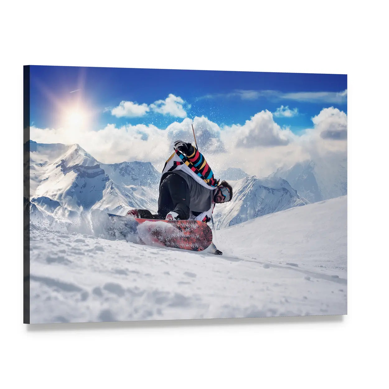 Snowboarder with Colorful Jacket and Sun Flare Canvas Wall Art, single panel gallery wrapped canvas, angled product view