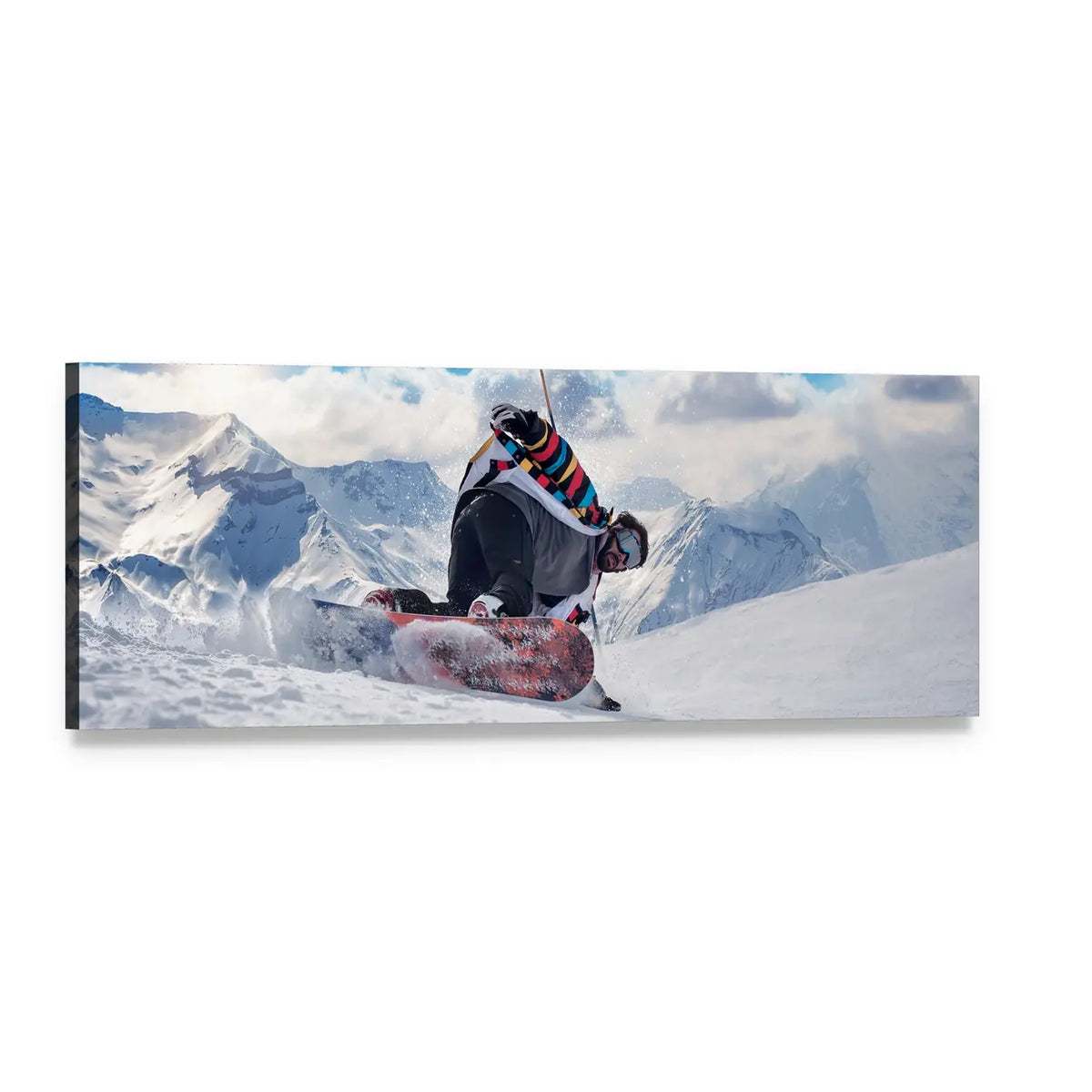 Extreme Snowboarder in Action Panoramic Canvas Wall Art, single panel gallery wrapped canvas, angled product view