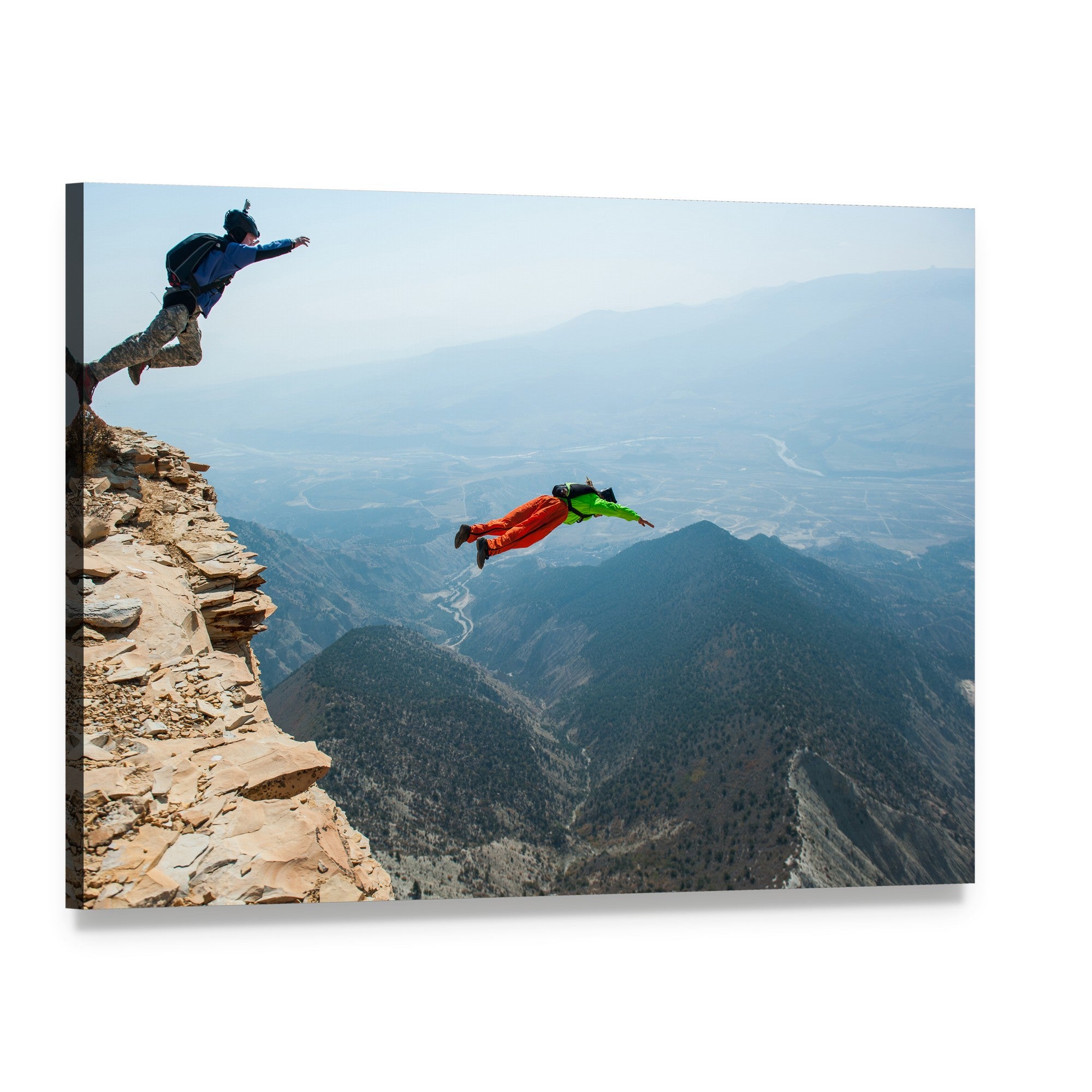 Base Jumpers Over Rocky Colorado Cliffs Canvas Wall Art, single panel gallery wrapped canvas, angled product view