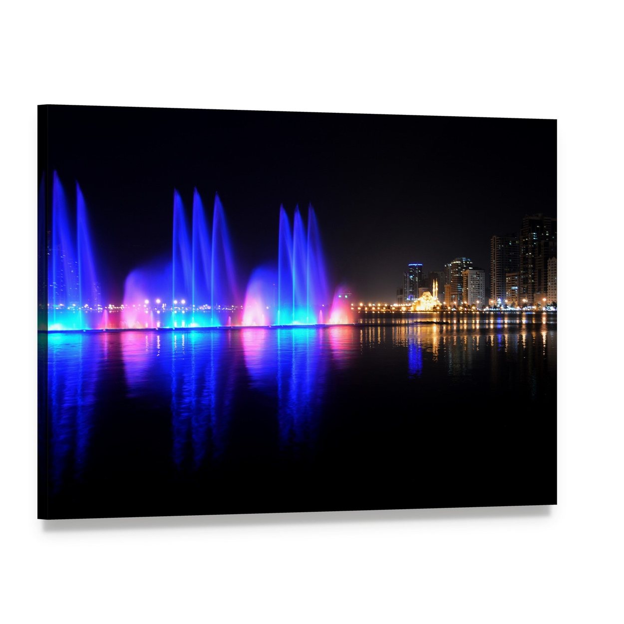 Vibrant Dancing Fountains at Night Canvas Wall Art, single panel gallery wrapped canvas, angled product view