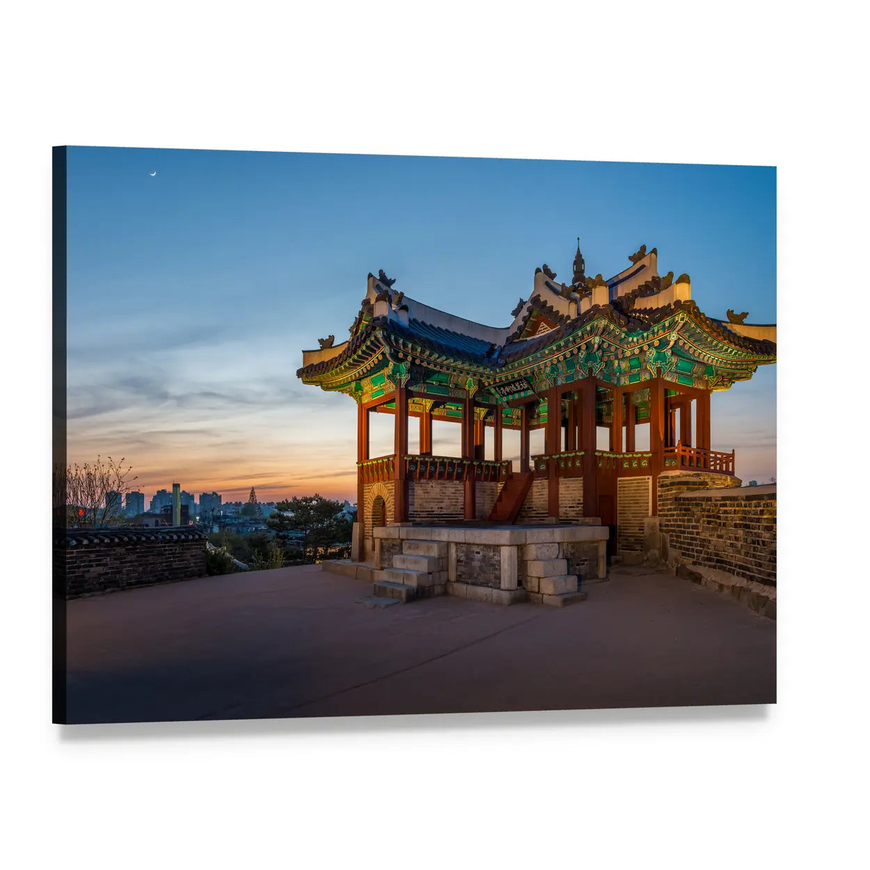 Hwaseong Fortress Watchtower at Sunset Canvas Wall Art, single panel gallery wrapped canvas, angled product view