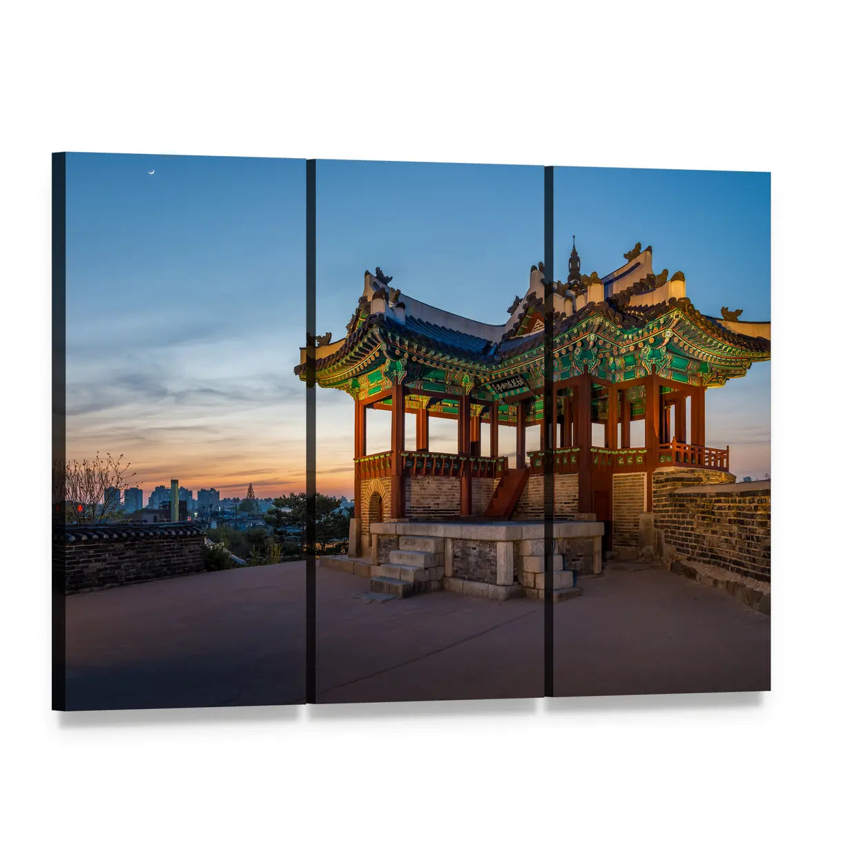 Hwaseong Fortress Watchtower at Sunset Canvas Wall Art, 3 panel 3 Horizontal layout gallery wrapped canvas set, angled product view
