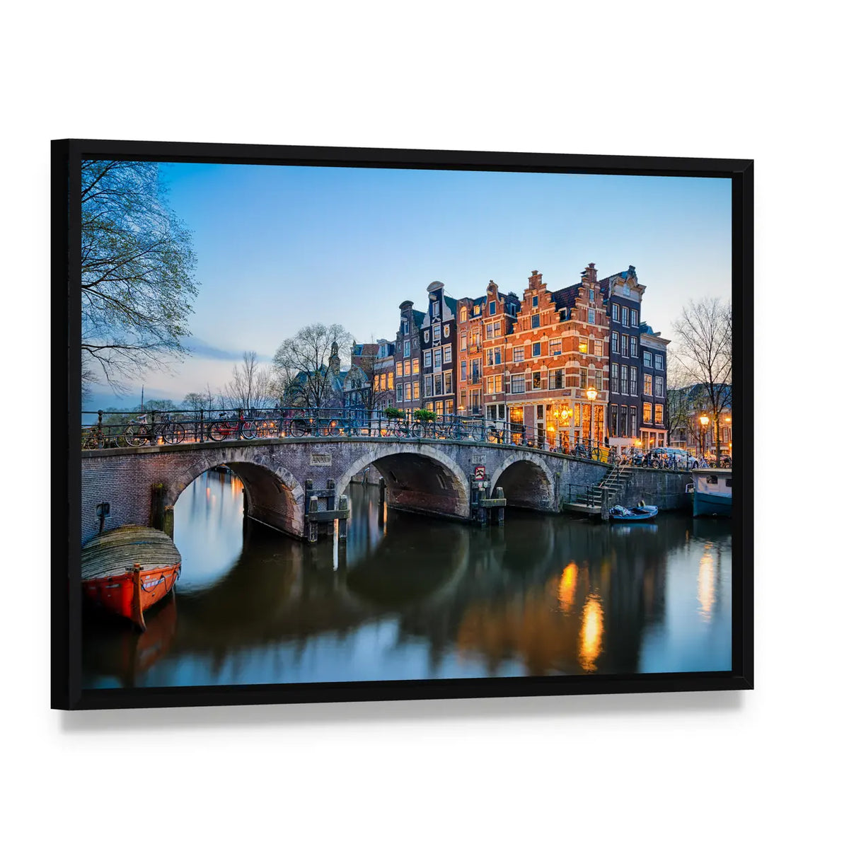 Sunset Over Brouwersgracht, Amsterdam Canvas Wall Art, framed canvas in a black floater frame, angled product view