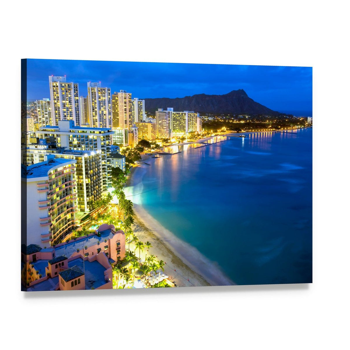Waikiki Beach and Honolulu Skyline at Twilight Canvas Wall Art, single panel gallery wrapped canvas, angled product view