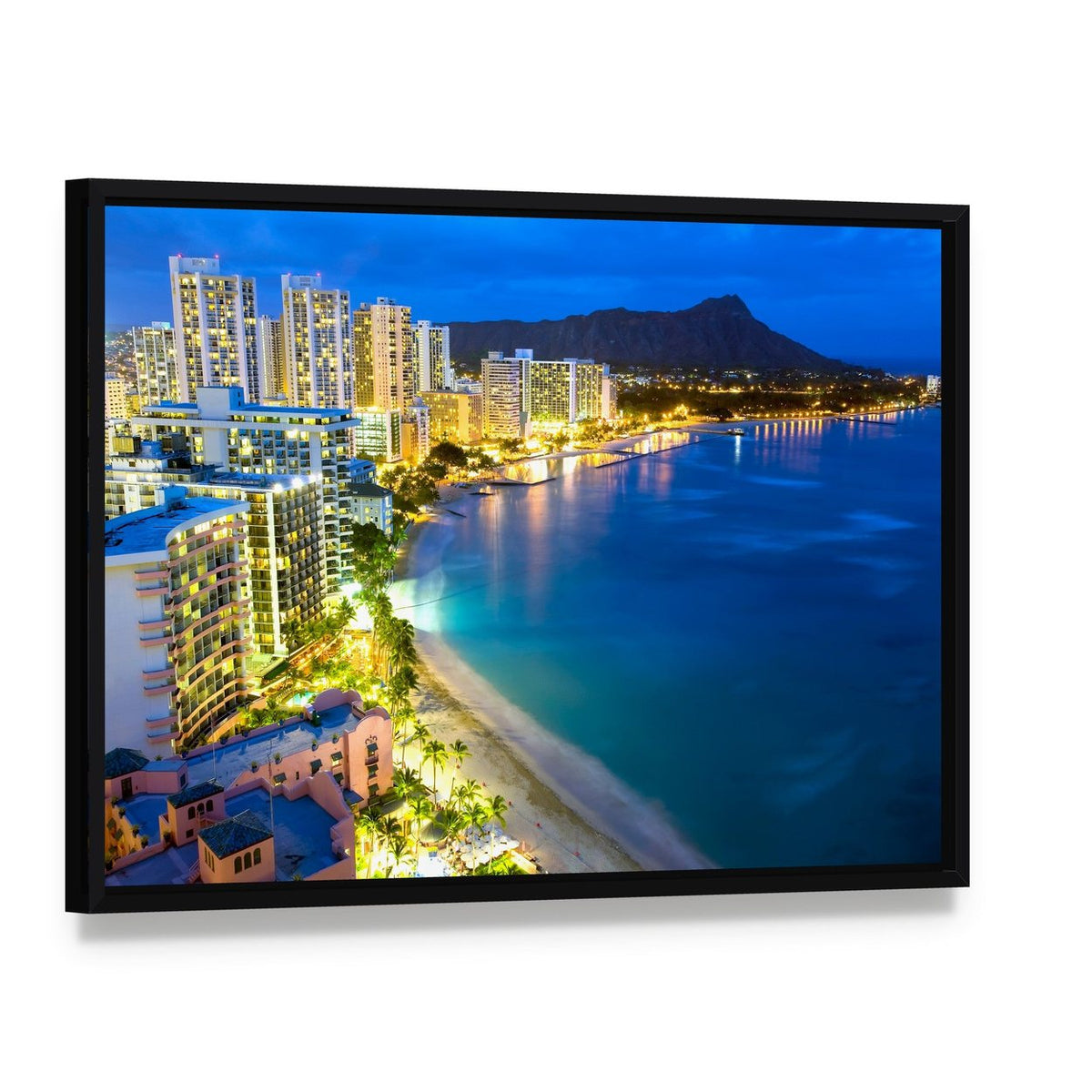 Waikiki Beach and Honolulu Skyline at Twilight Canvas Wall Art, framed canvas in a black floater frame, angled product view