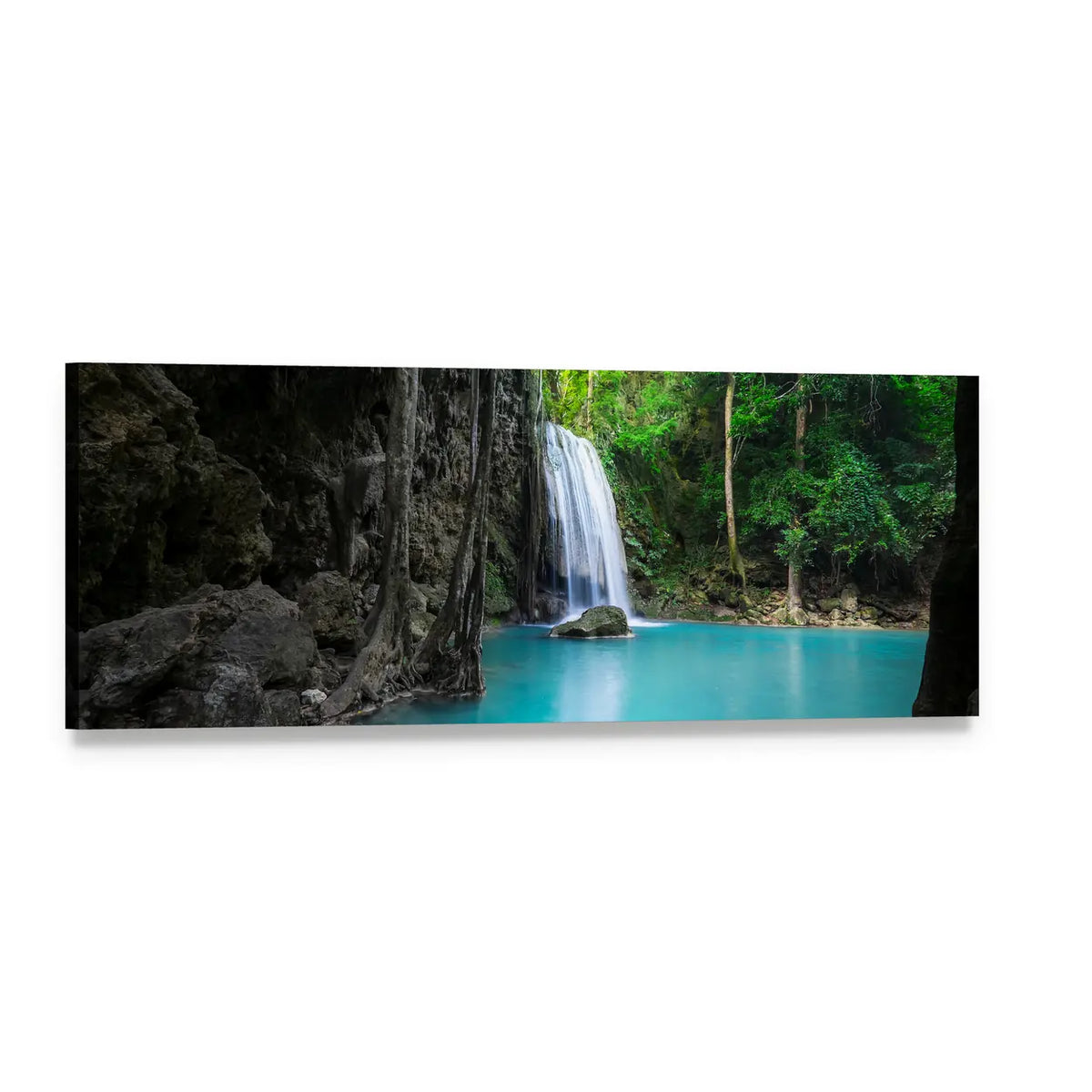 Erawan Cascade Waterfall Panoramic Canvas Wall Art, single panel gallery wrapped canvas, angled product view